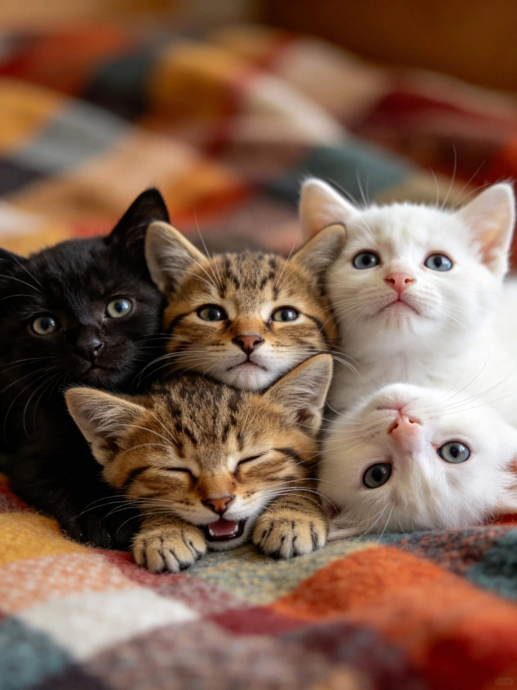 Five kittens of various colors cuddle on a multicolored plaid blanket