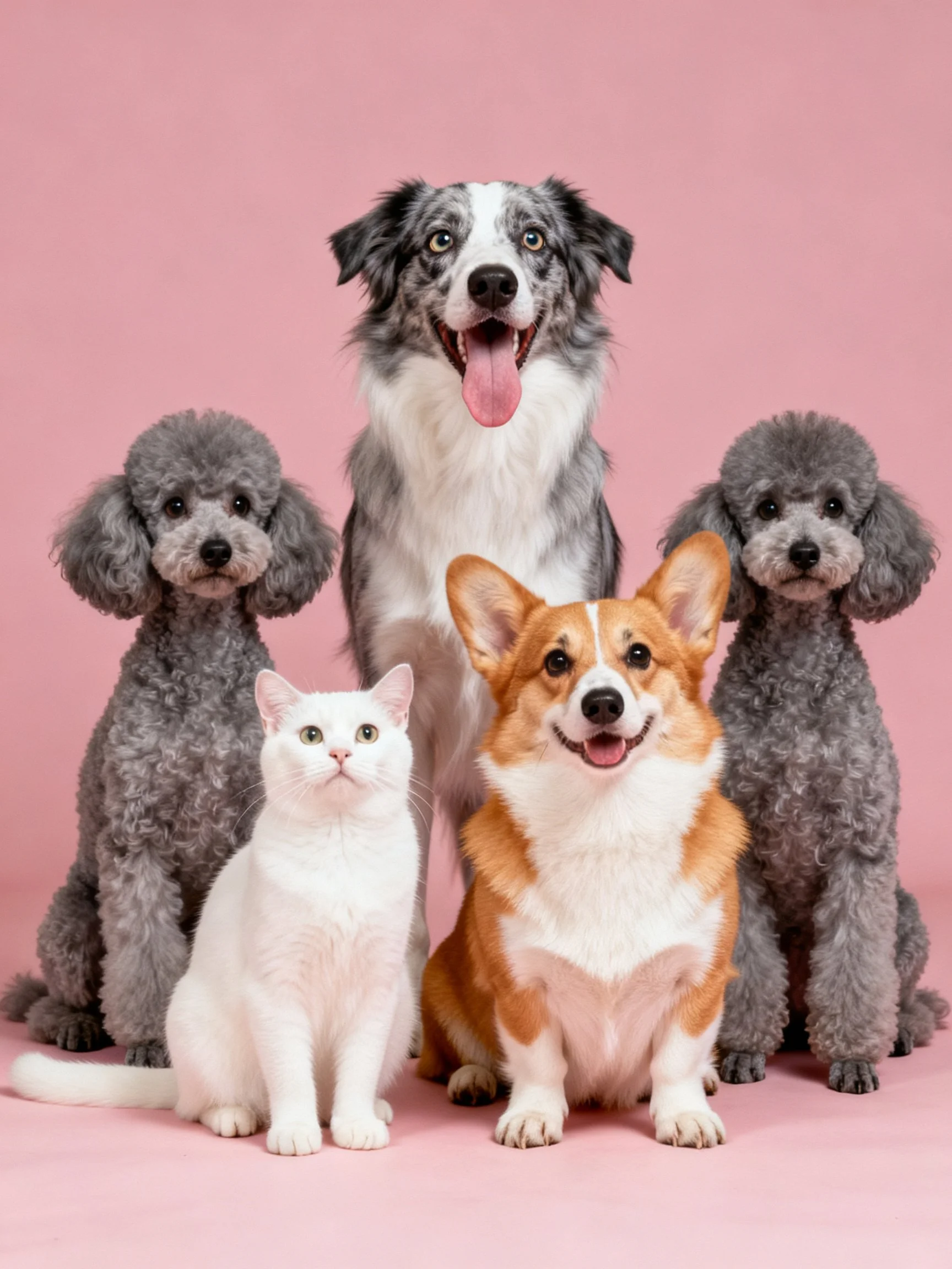 Five pets—including two gray poodles, a white cat, a tan corgi, and a large dog—pose against pink