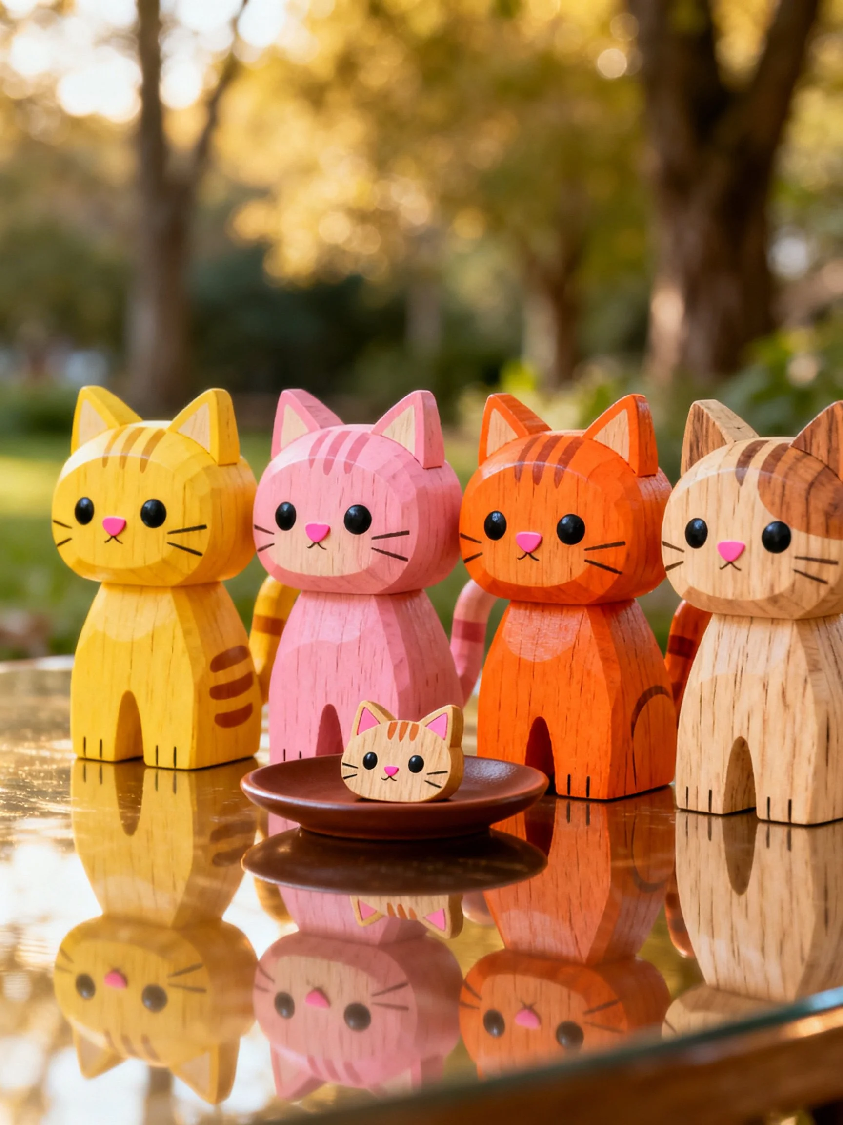 Five wooden cat figurines of assorted colors sit on an outdoor reflective surface.