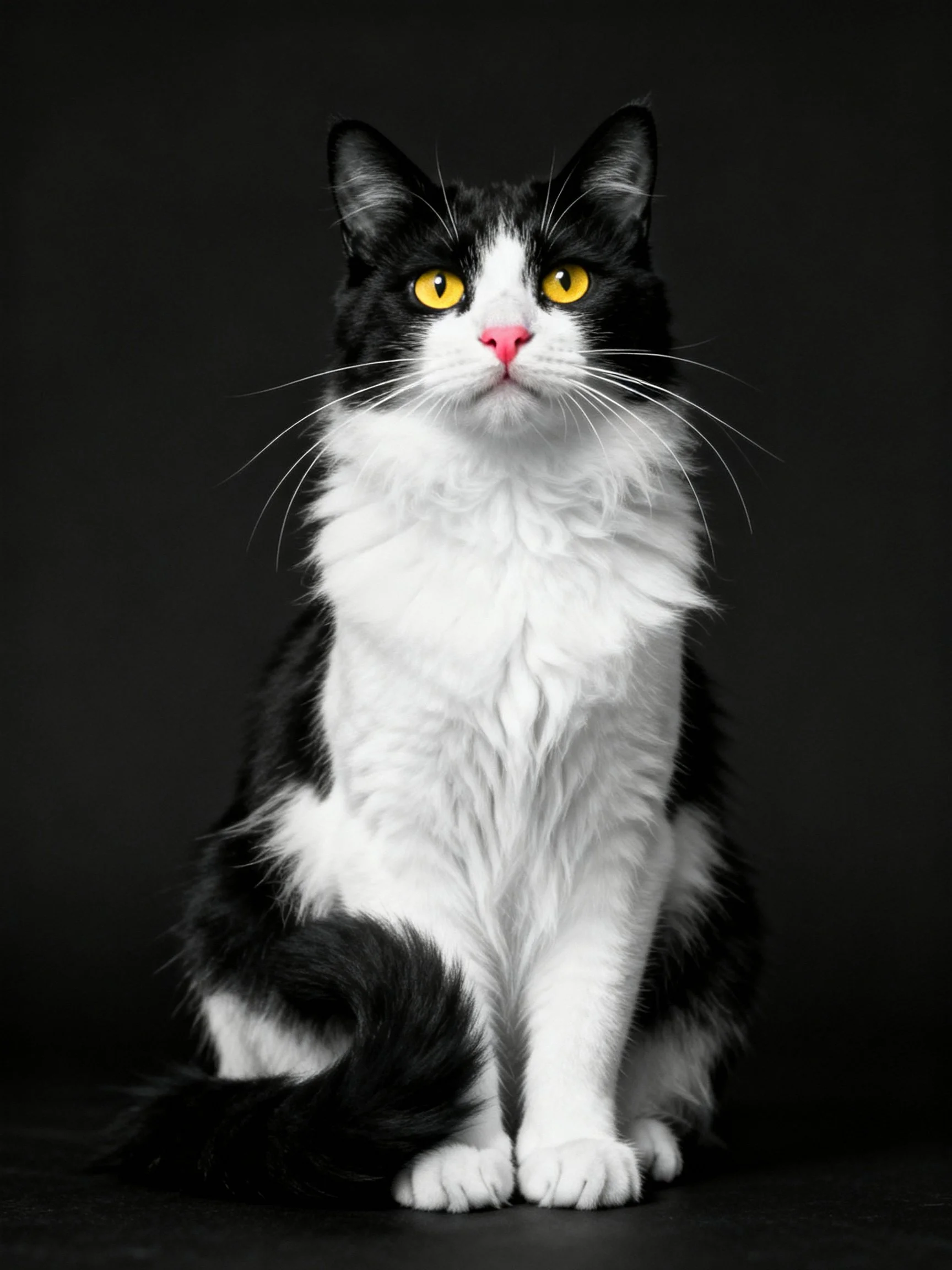 Fluffy Black and White Cat with Yellow Eyes