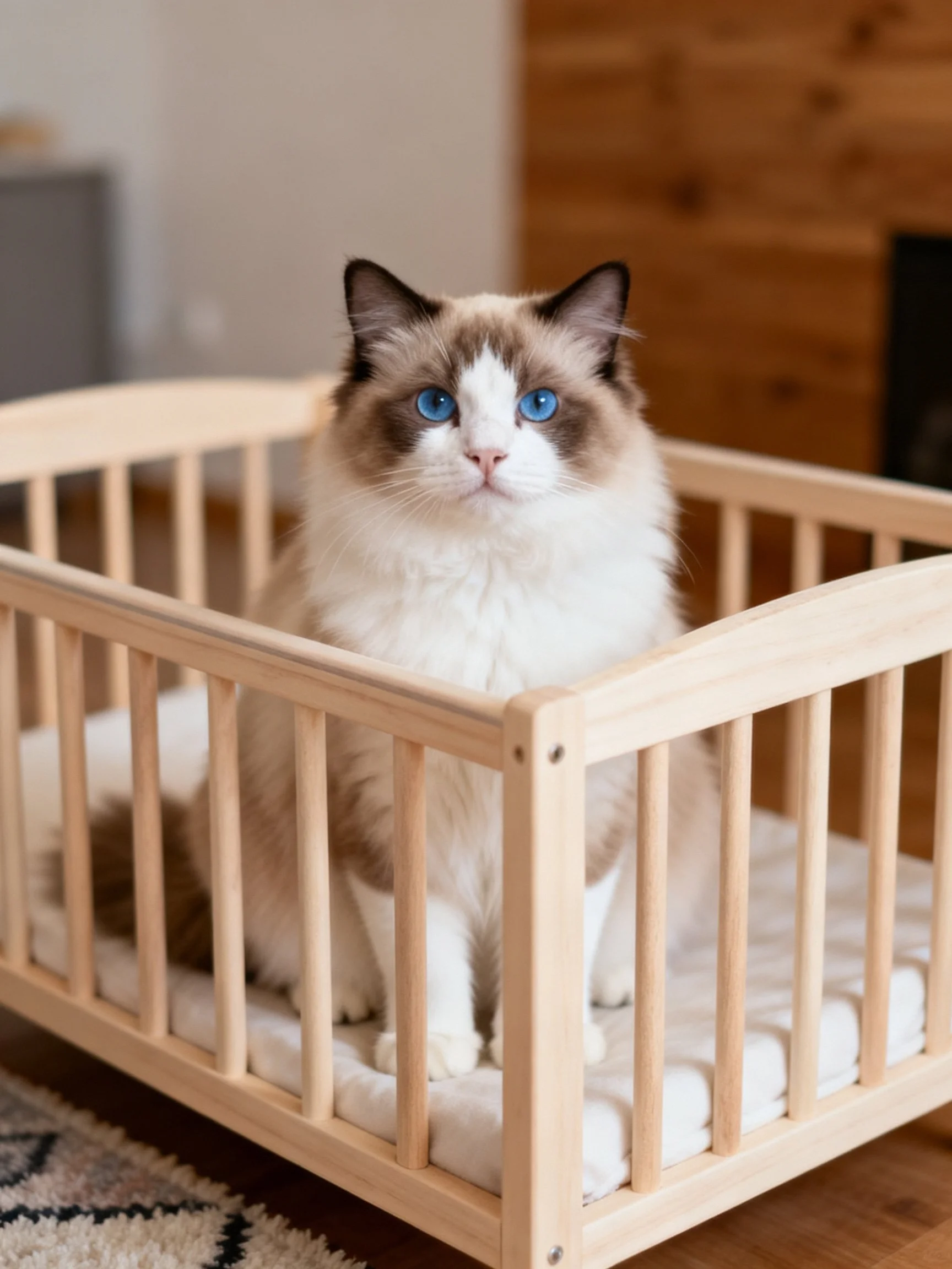 Fluffy Ragdoll cat with blue eyes in small wooden crib