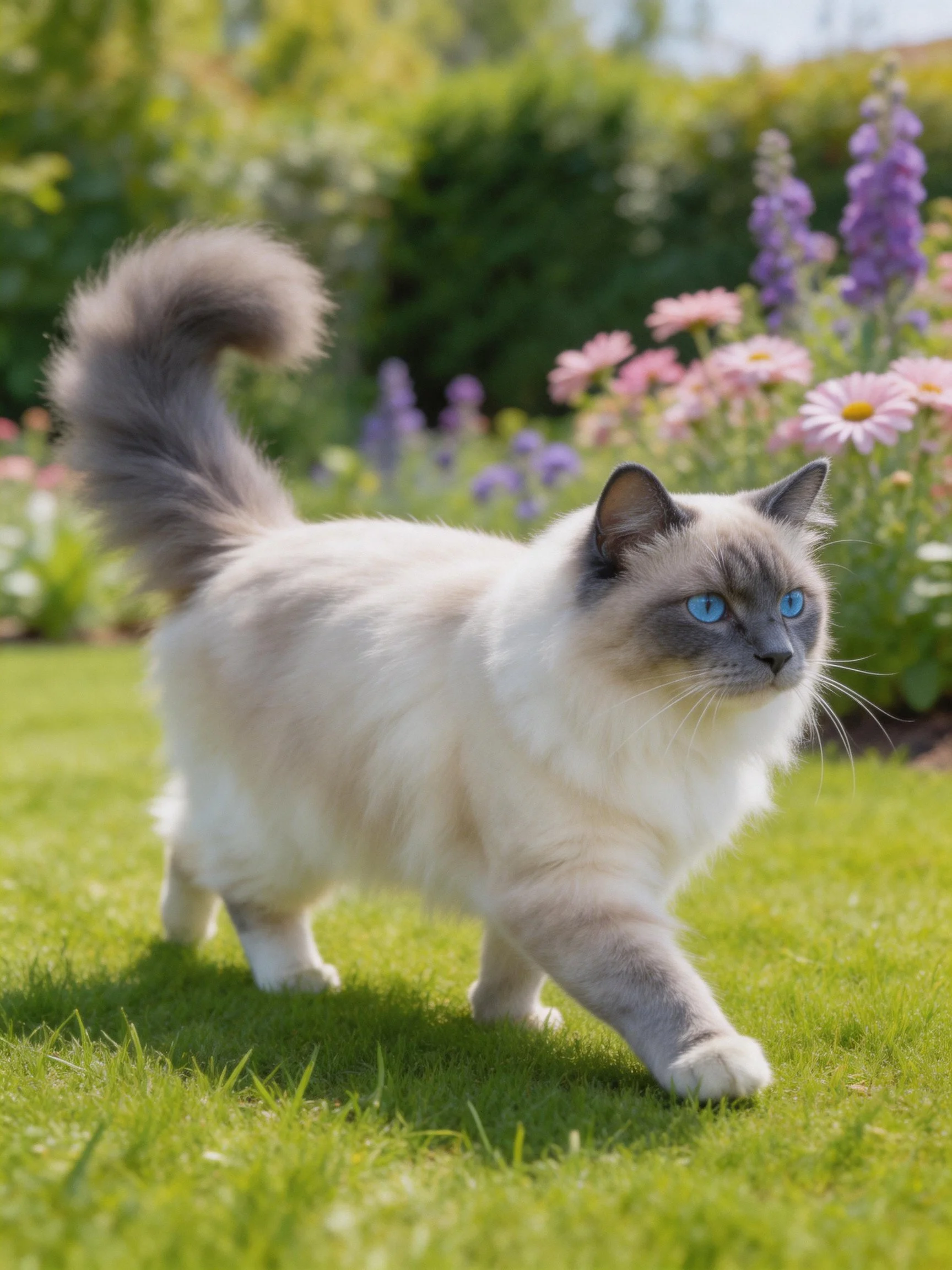 Fluffy Siamese cat roams sunlit garden with pink and purple flowers