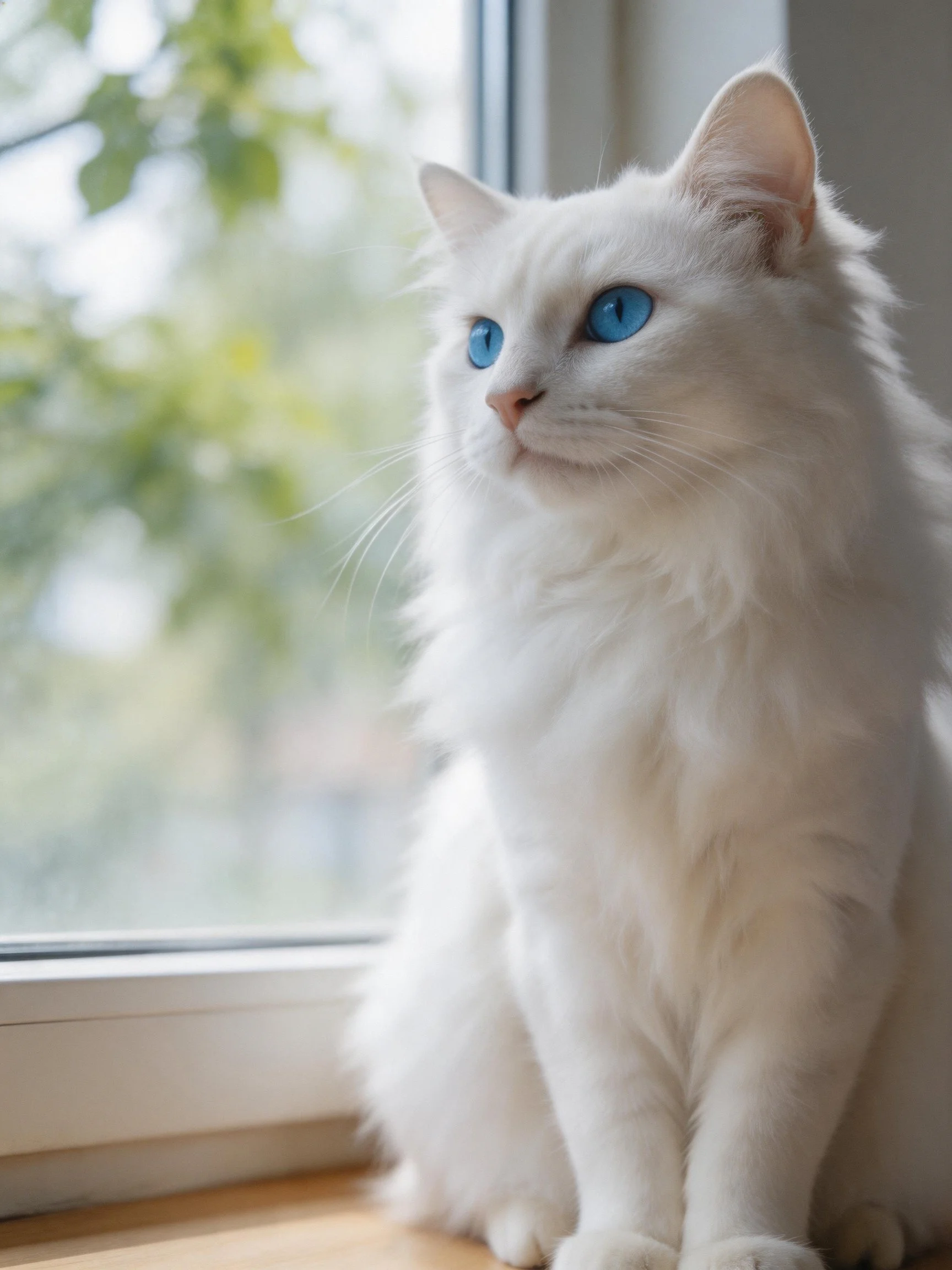 A fluffy white cat with bright blue eyes sits by a sunlit window.