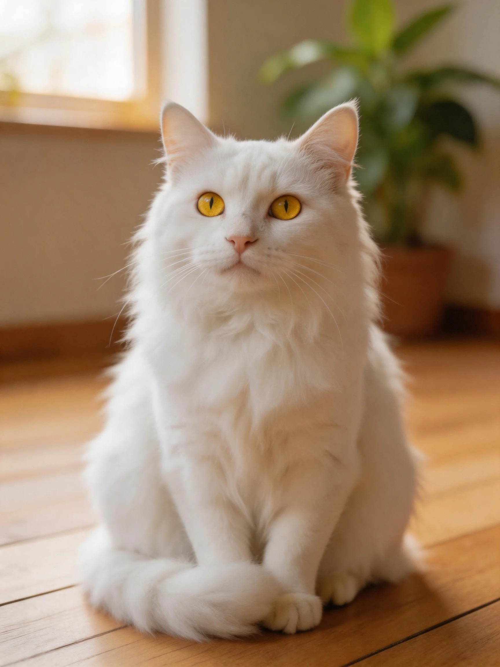 A white long-haired cat with golden eyes sits calmly indoors.