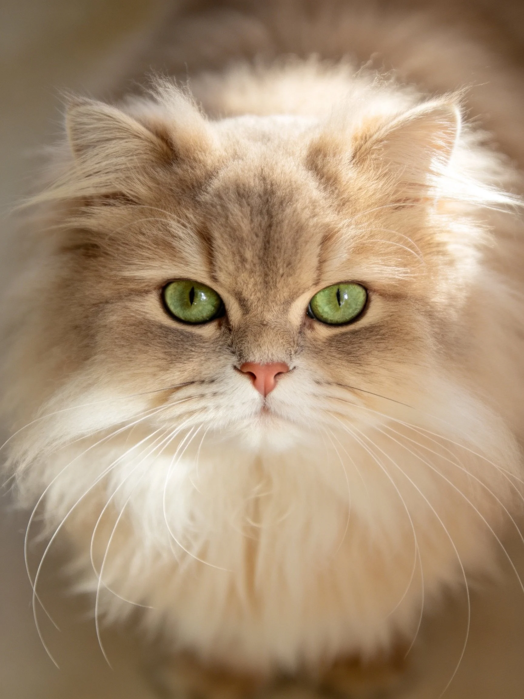 Close - up of a fluffy beige cat with bright green eyes gazing directly.