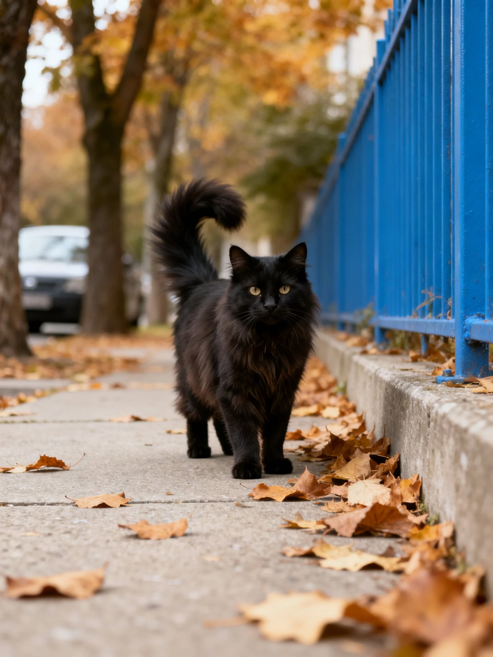 Fluffy black cat walks along leaf-strewn sidewalk near blue fence