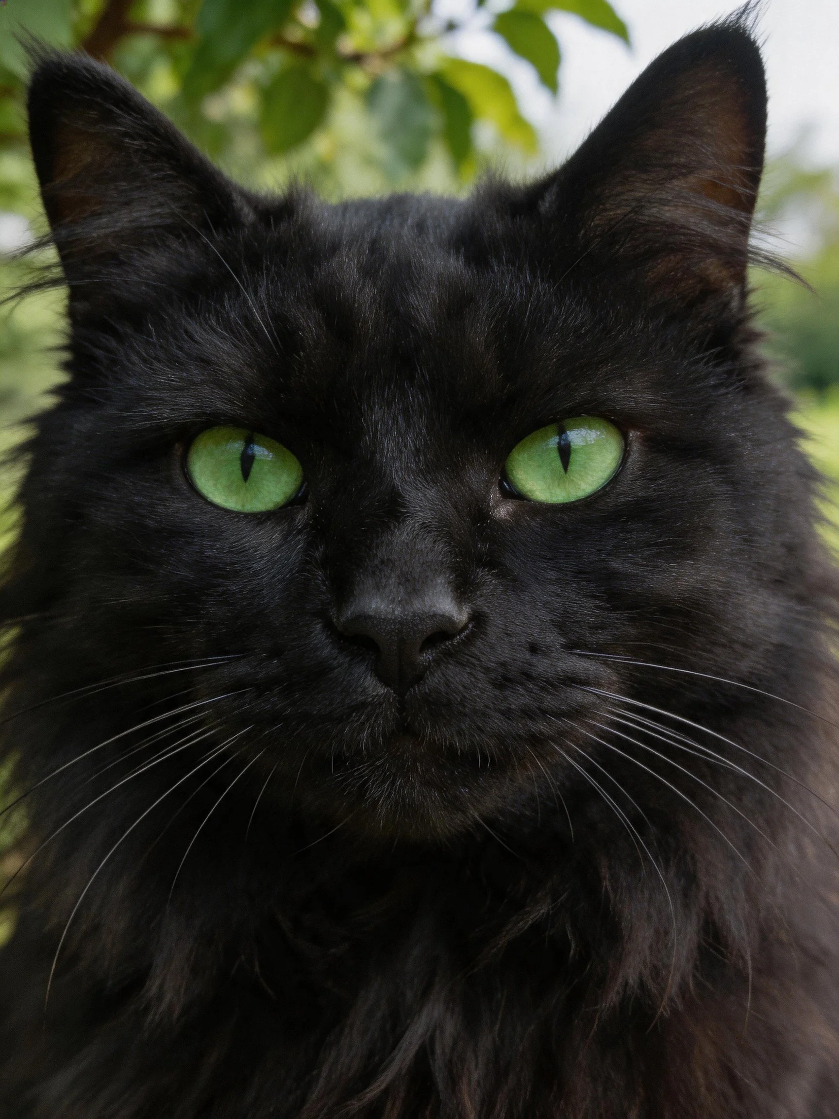 Close-up of a fluffy black cat with bright green eyes near greenery.