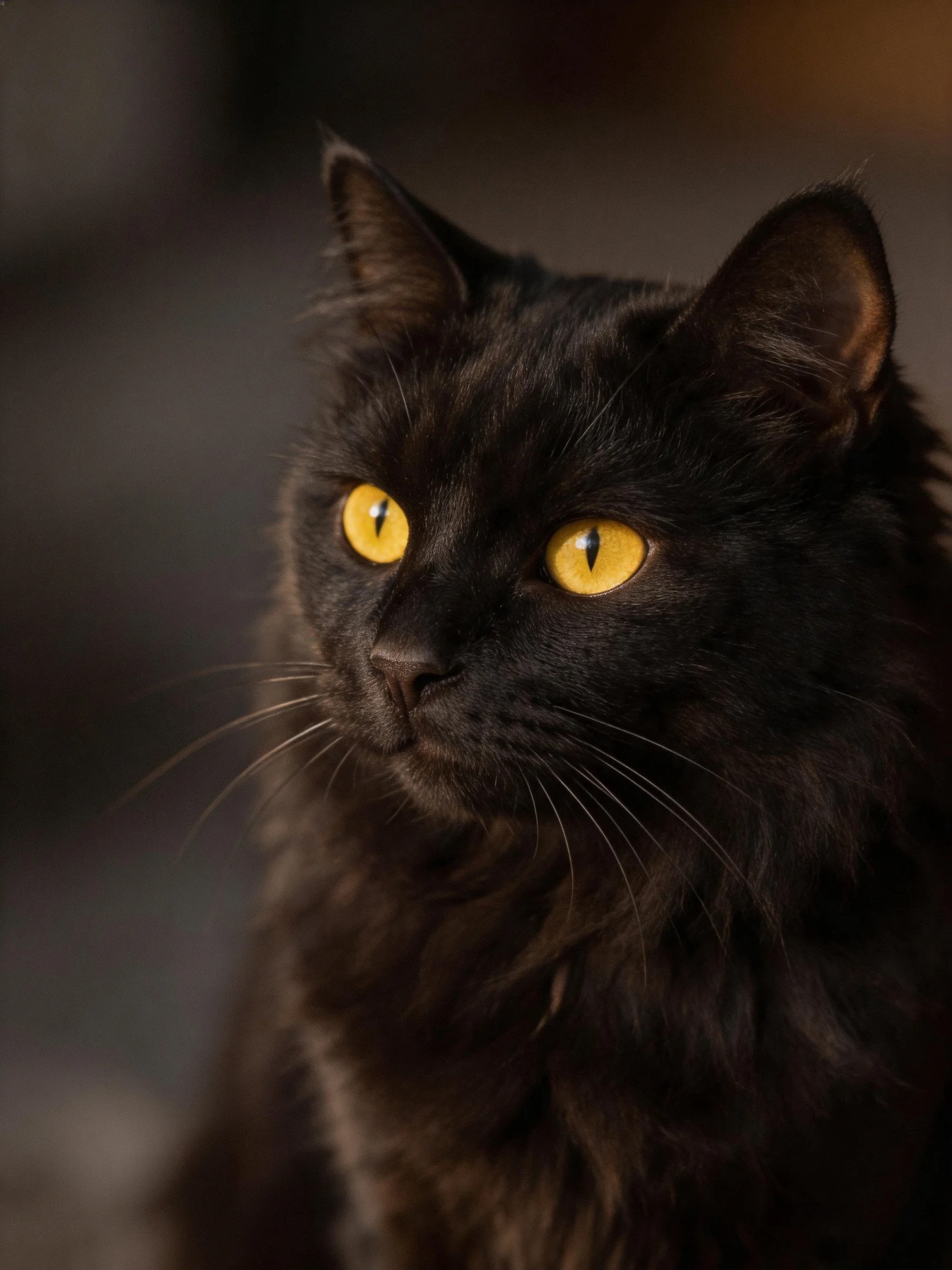 A fluffy black cat with bright yellow eyes gazes intently.