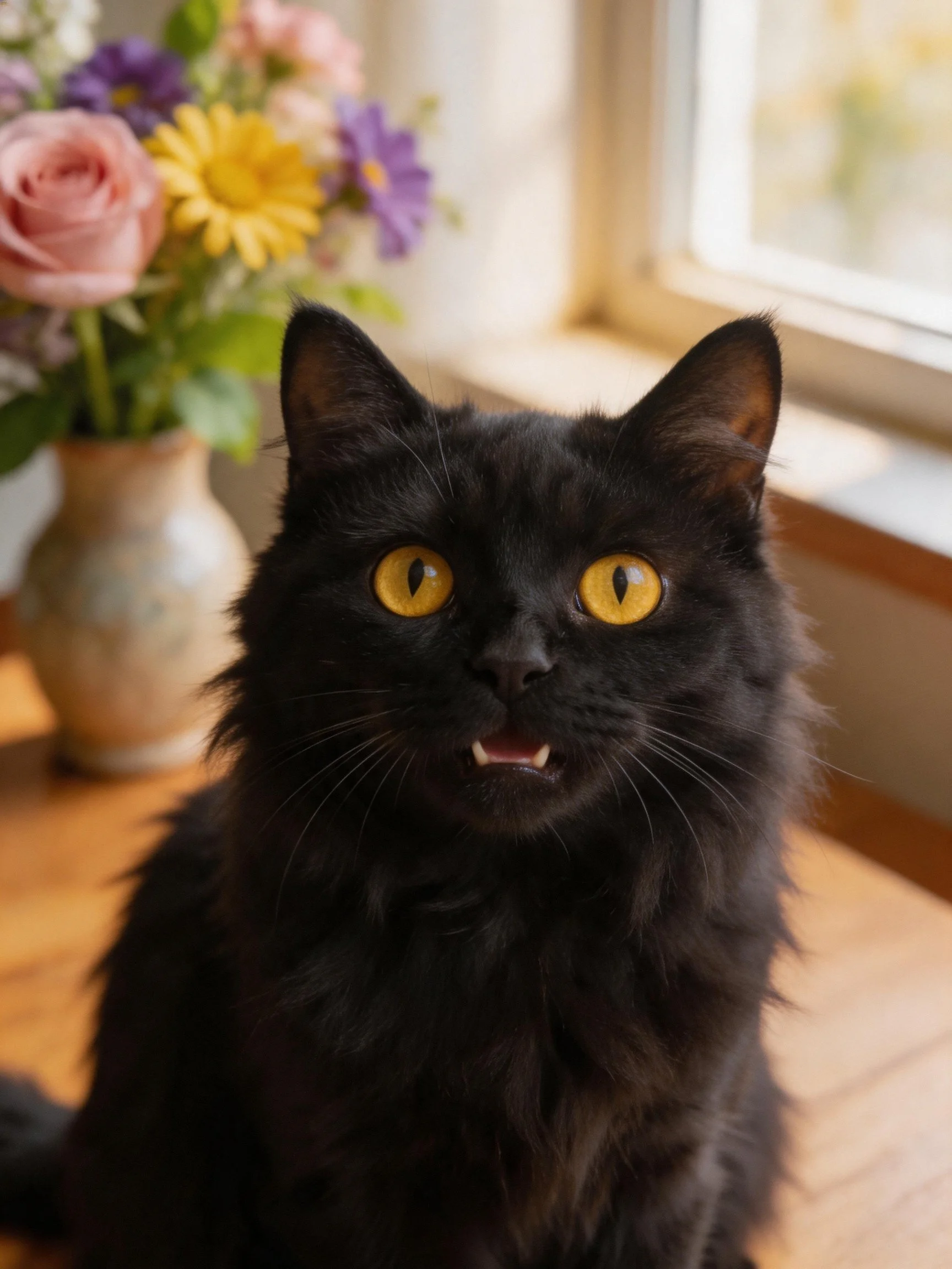 Fluffy black cat with bright yellow eyes rests near a flower arrangement by a sunlit window.