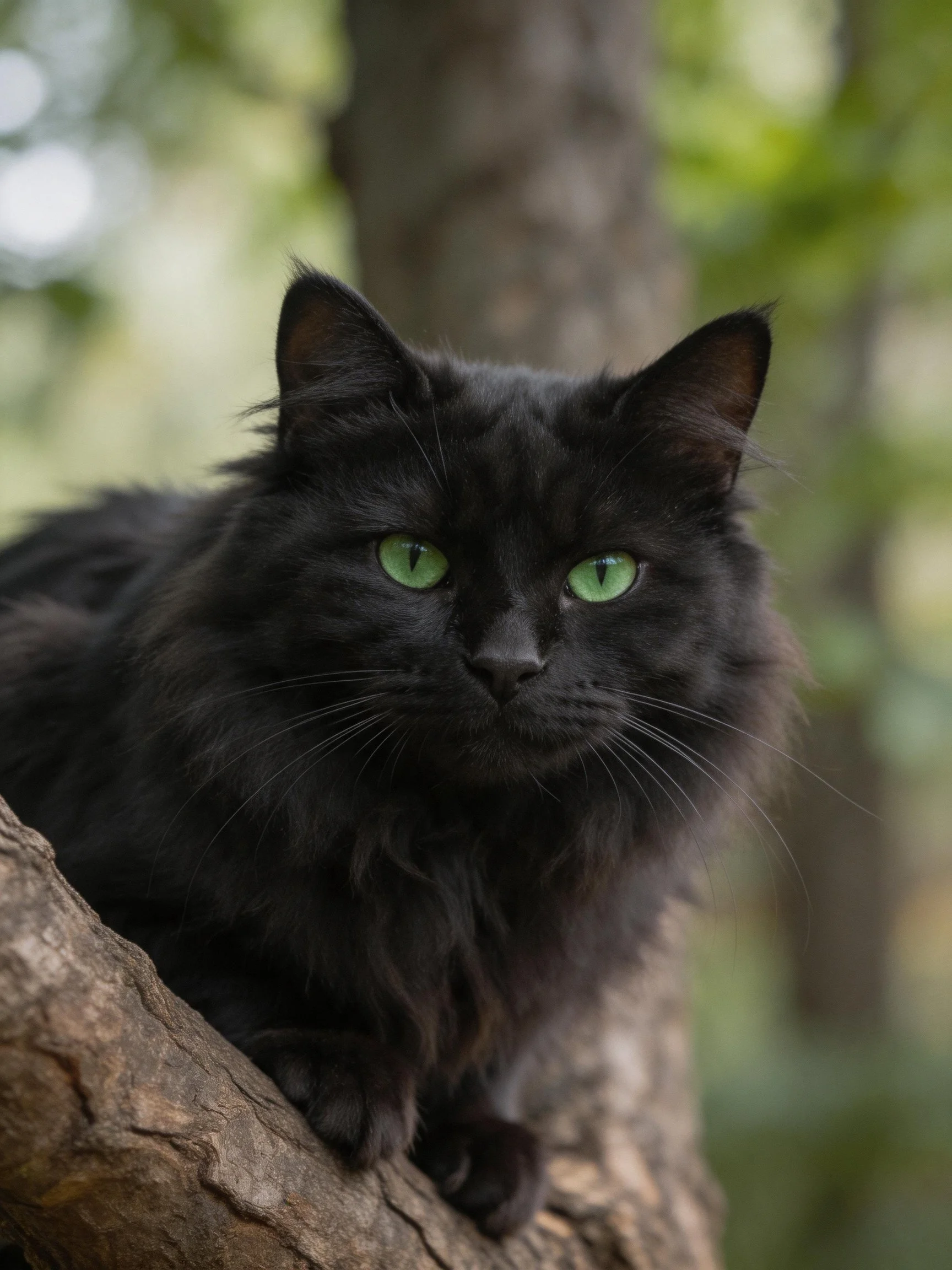 Fluffy black cat with vivid green eyes perched on a tree branch