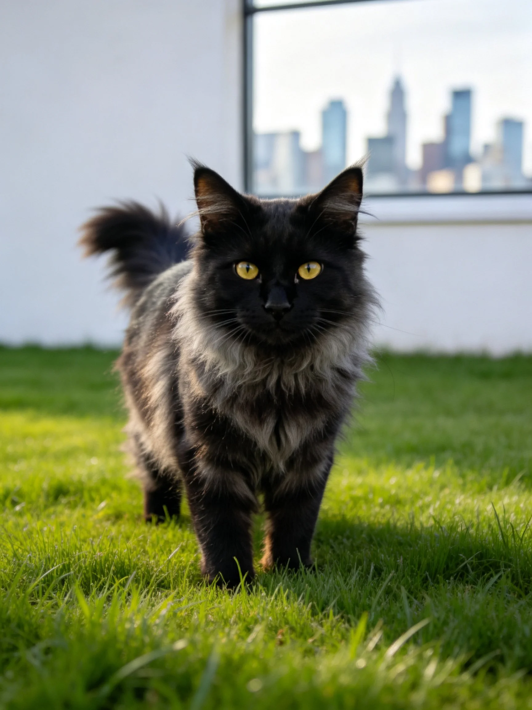 Fluffy black cat with yellow eyes on green grass near city window