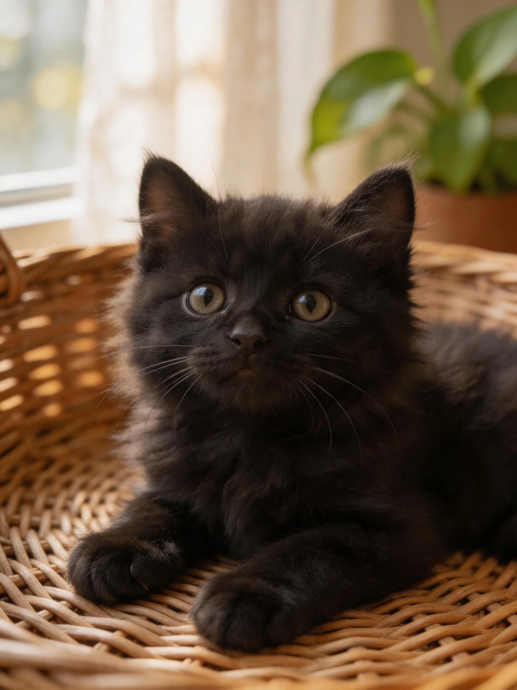 A fluffy black kitten sits calmly in a wicker basket indoors.