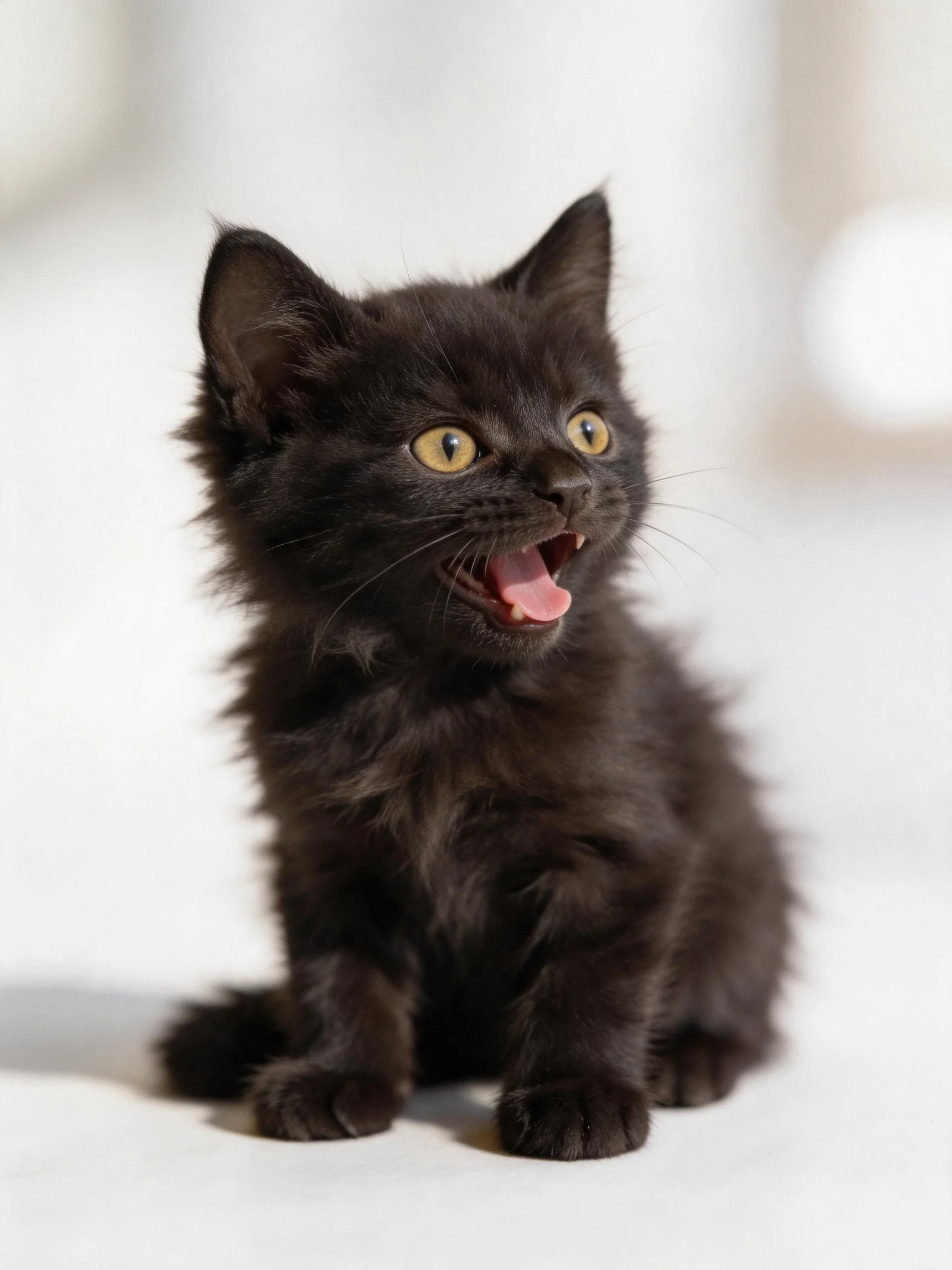 A fluffy black kitten with bright yellow eyes sits with mouth open