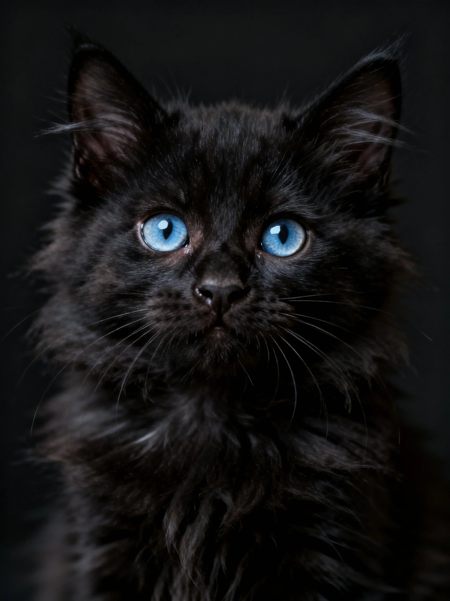 Fluffy black kitten with striking blue eyes on dark backdrop