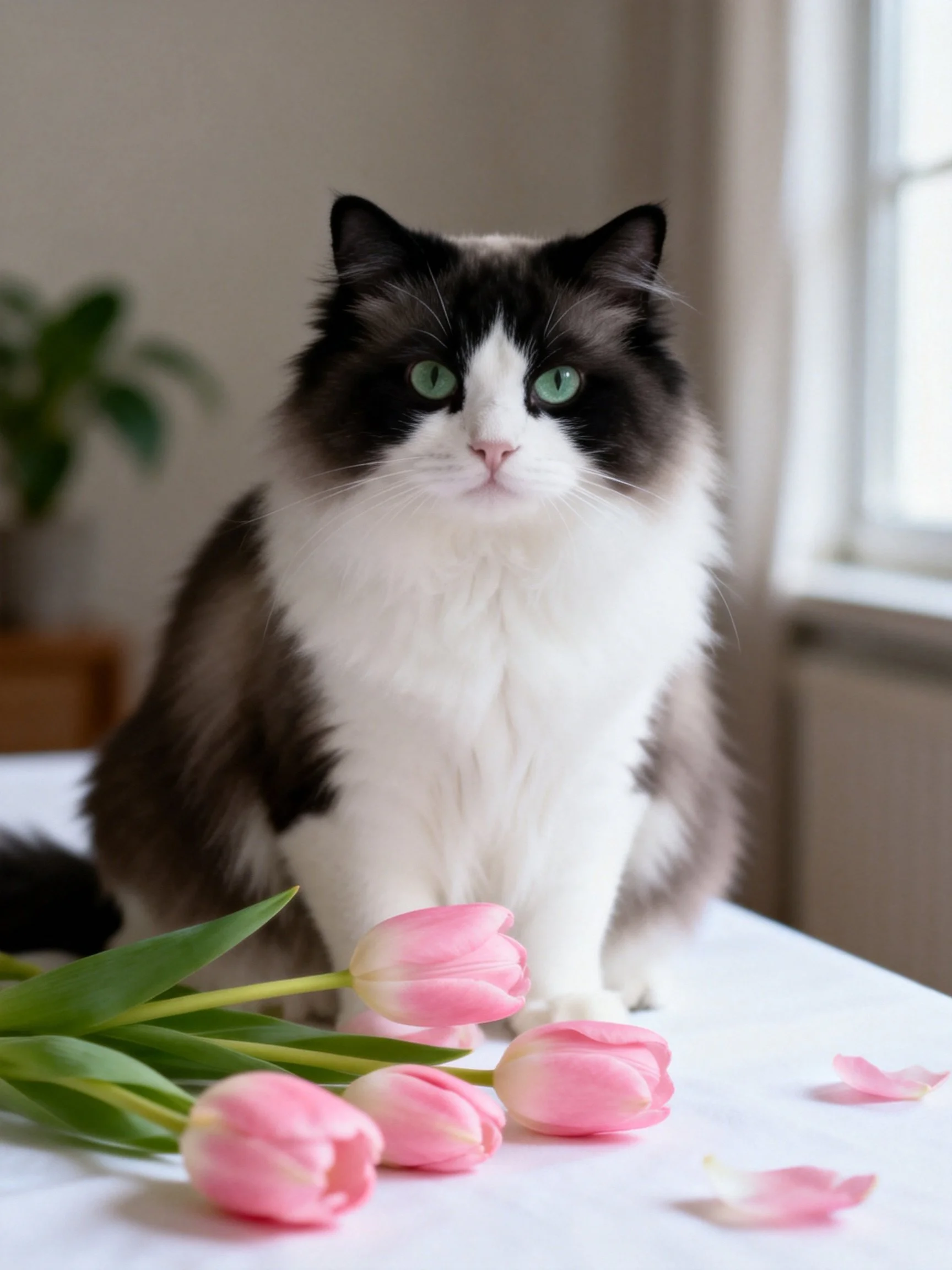 Fluffy black - white cat with green eyes beside pink tulips on a white cloth