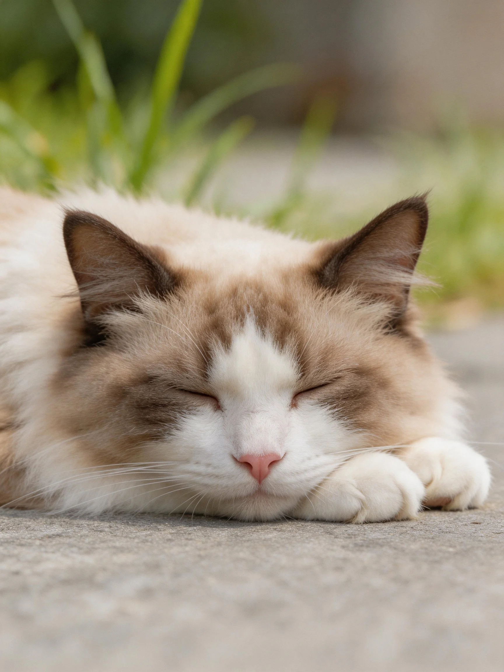 Fluffy brown and white cat napping on a concrete surface