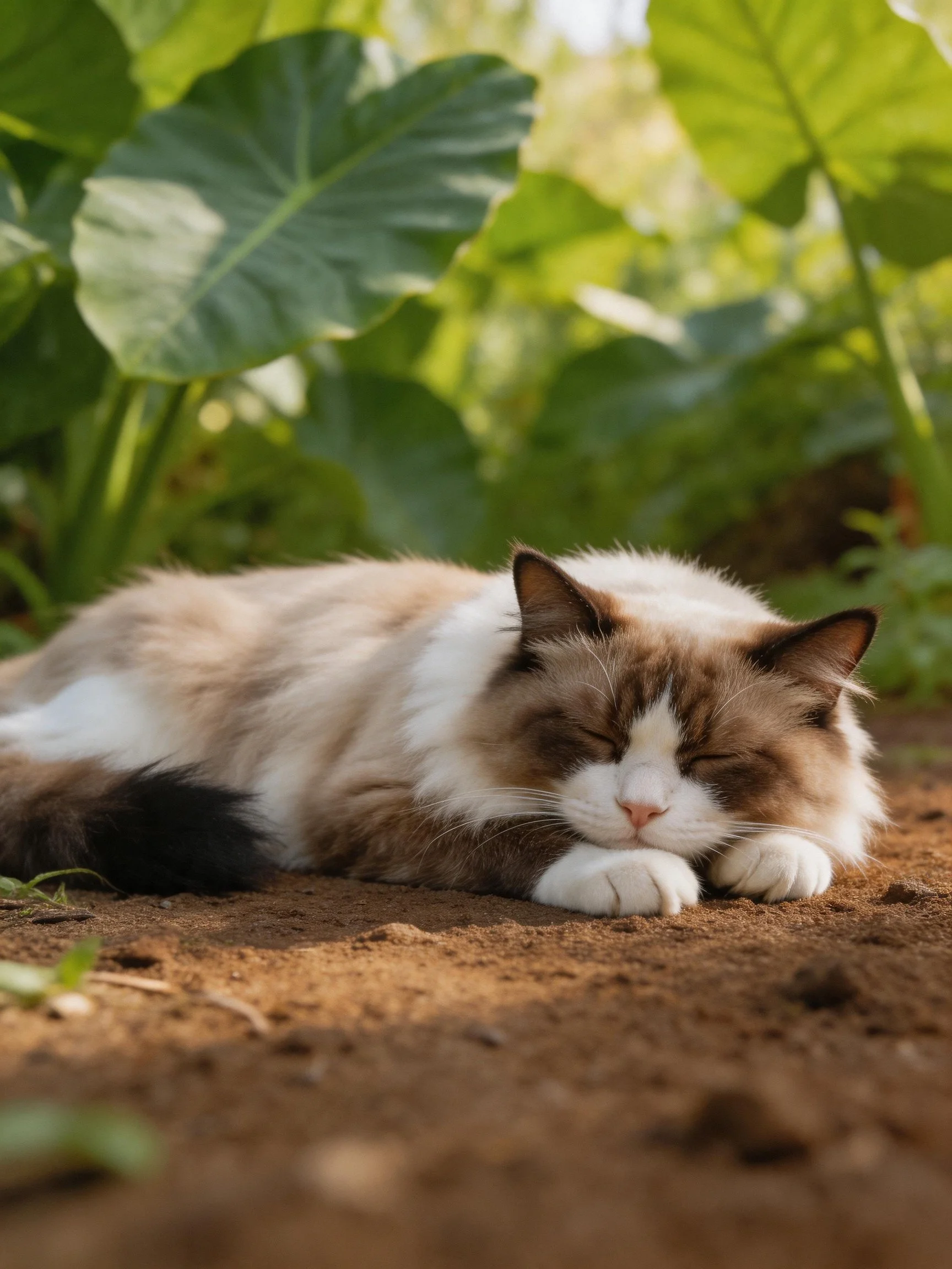 Fluffy brown-and-white cat napping on dirt near large green leaves