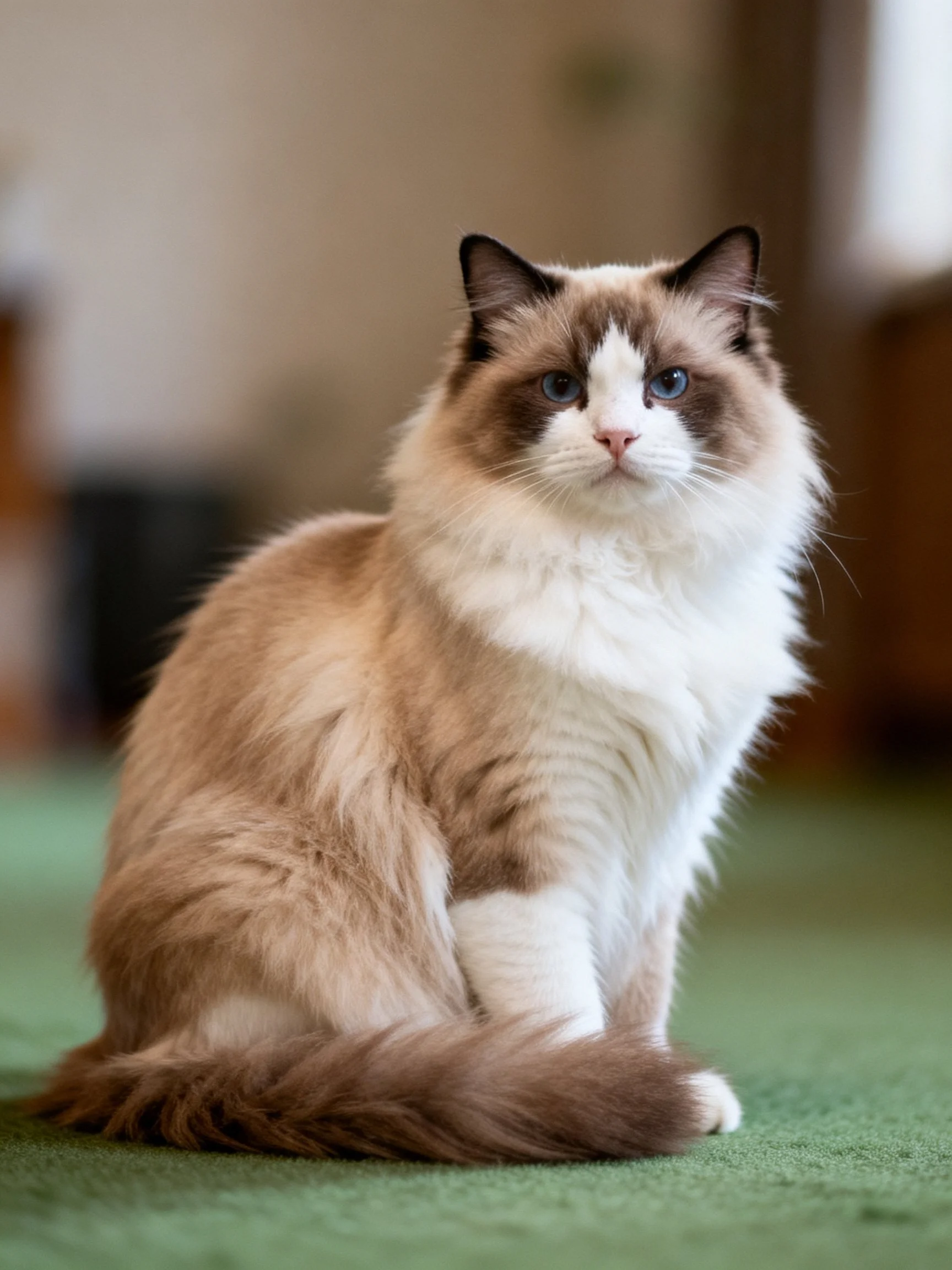 Fluffy brown and white cat sitting on green carpet