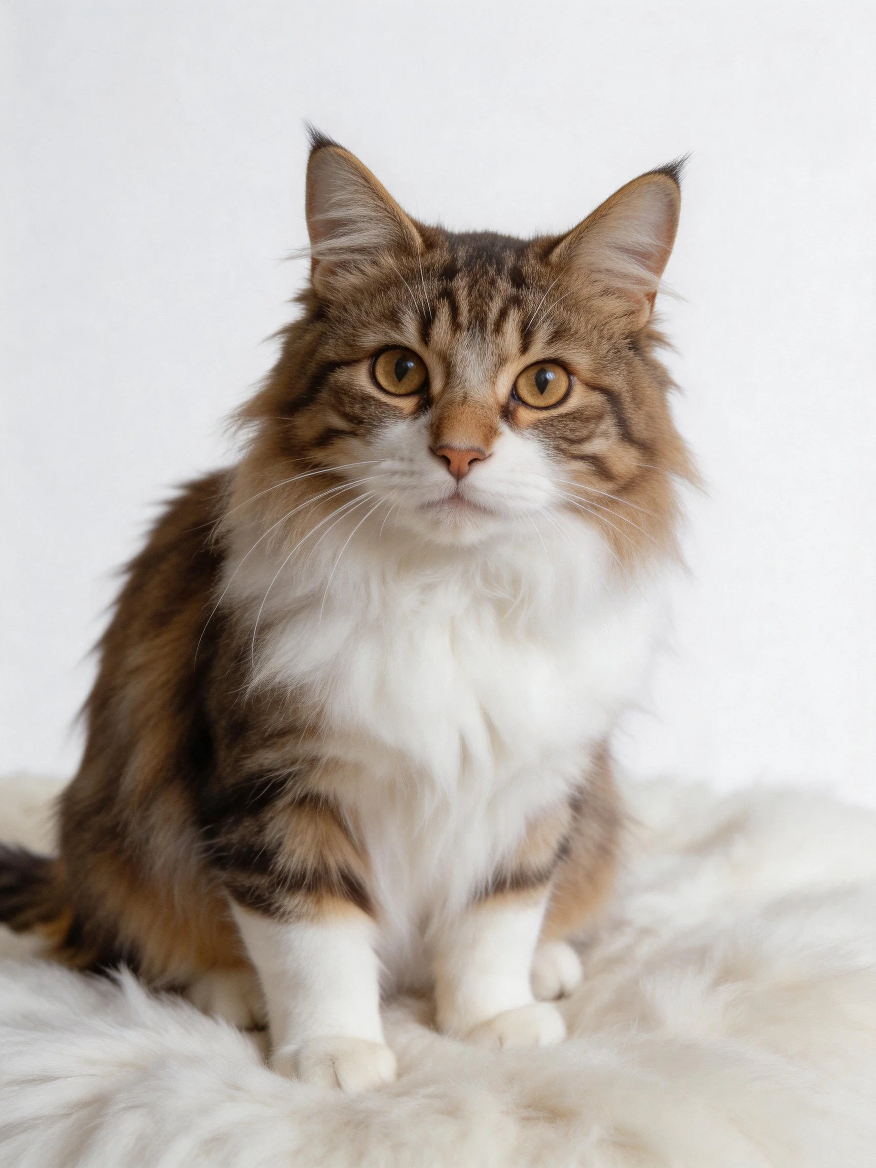Fluffy brown and white cat sits on soft white fabric.