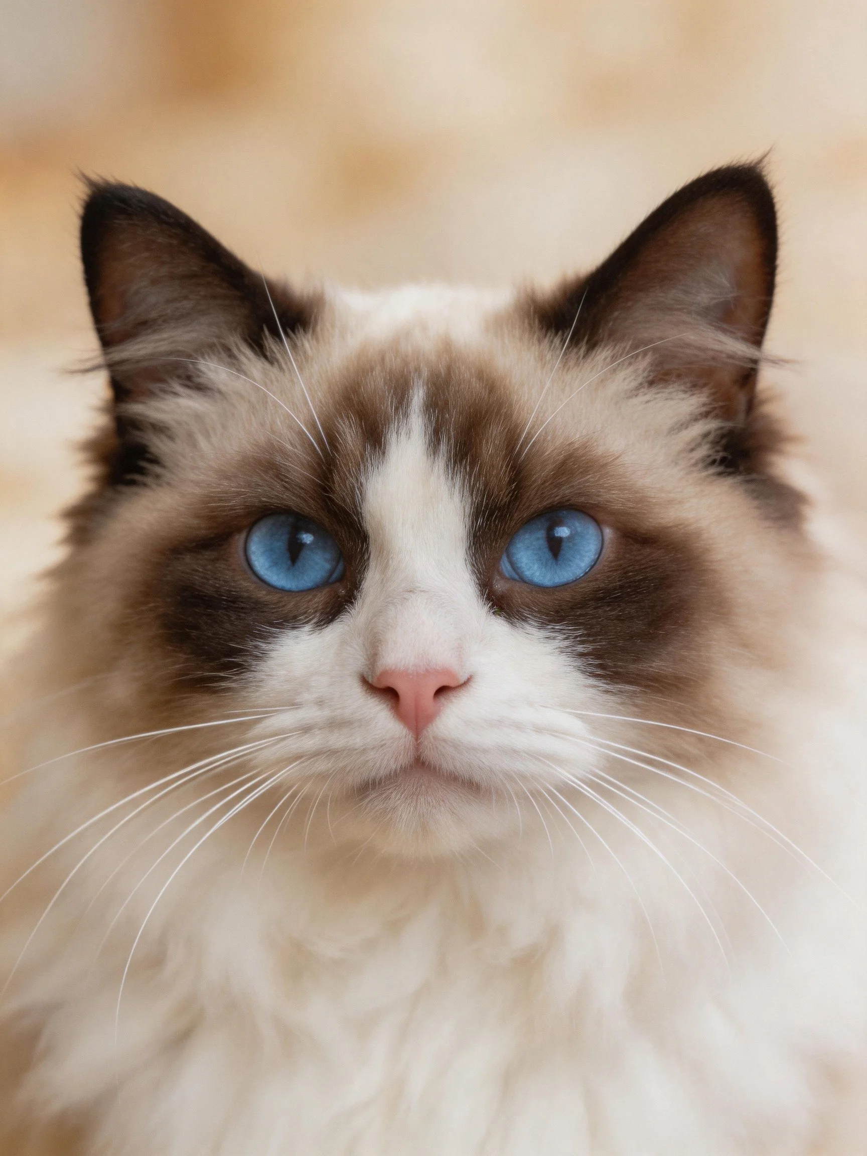 A fluffy brown and white cat gazes calmly with bright blue eyes.