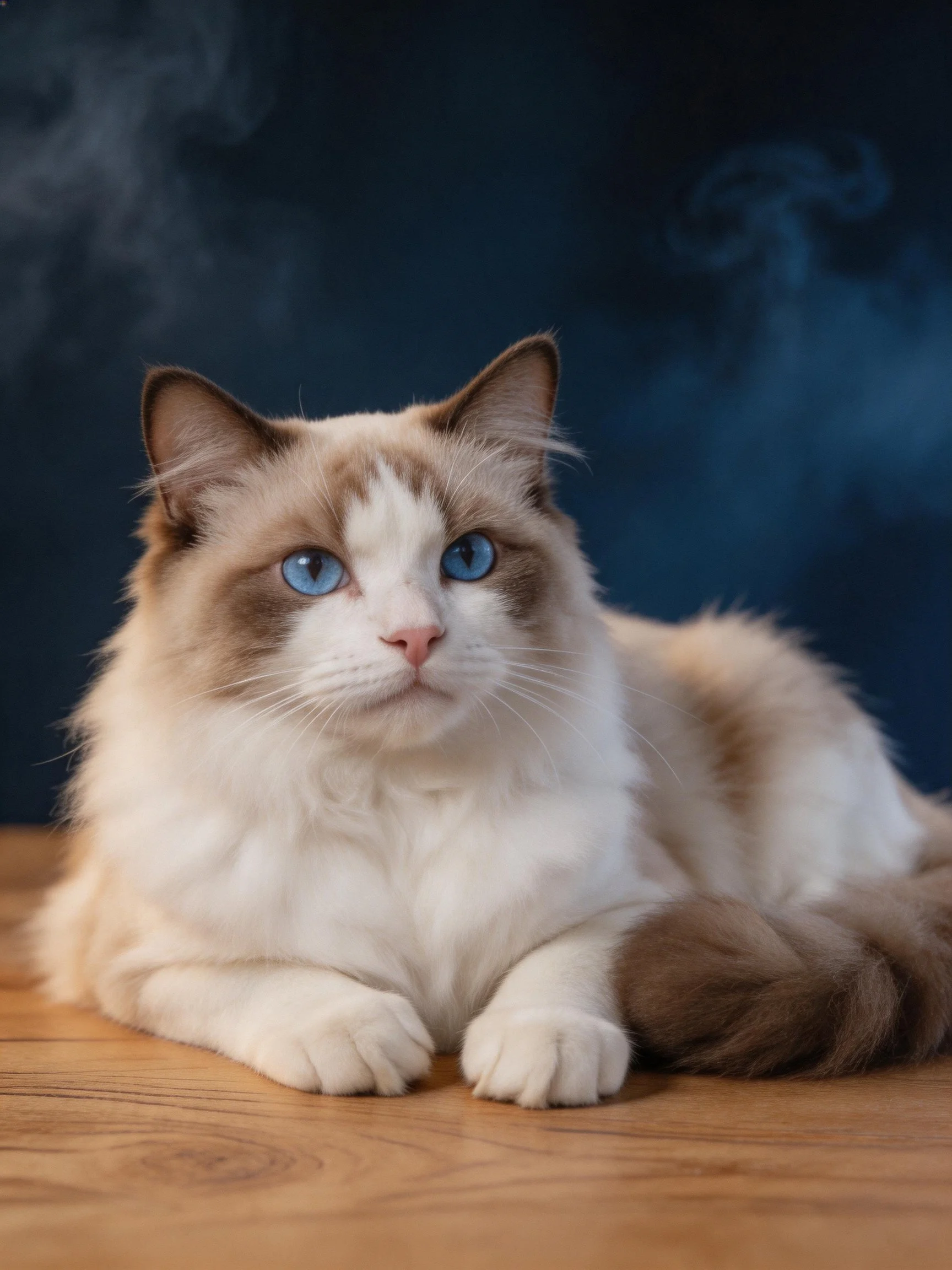 A fluffy brown-and-white cat with bright blue eyes rests calmly on a wooden surface.
