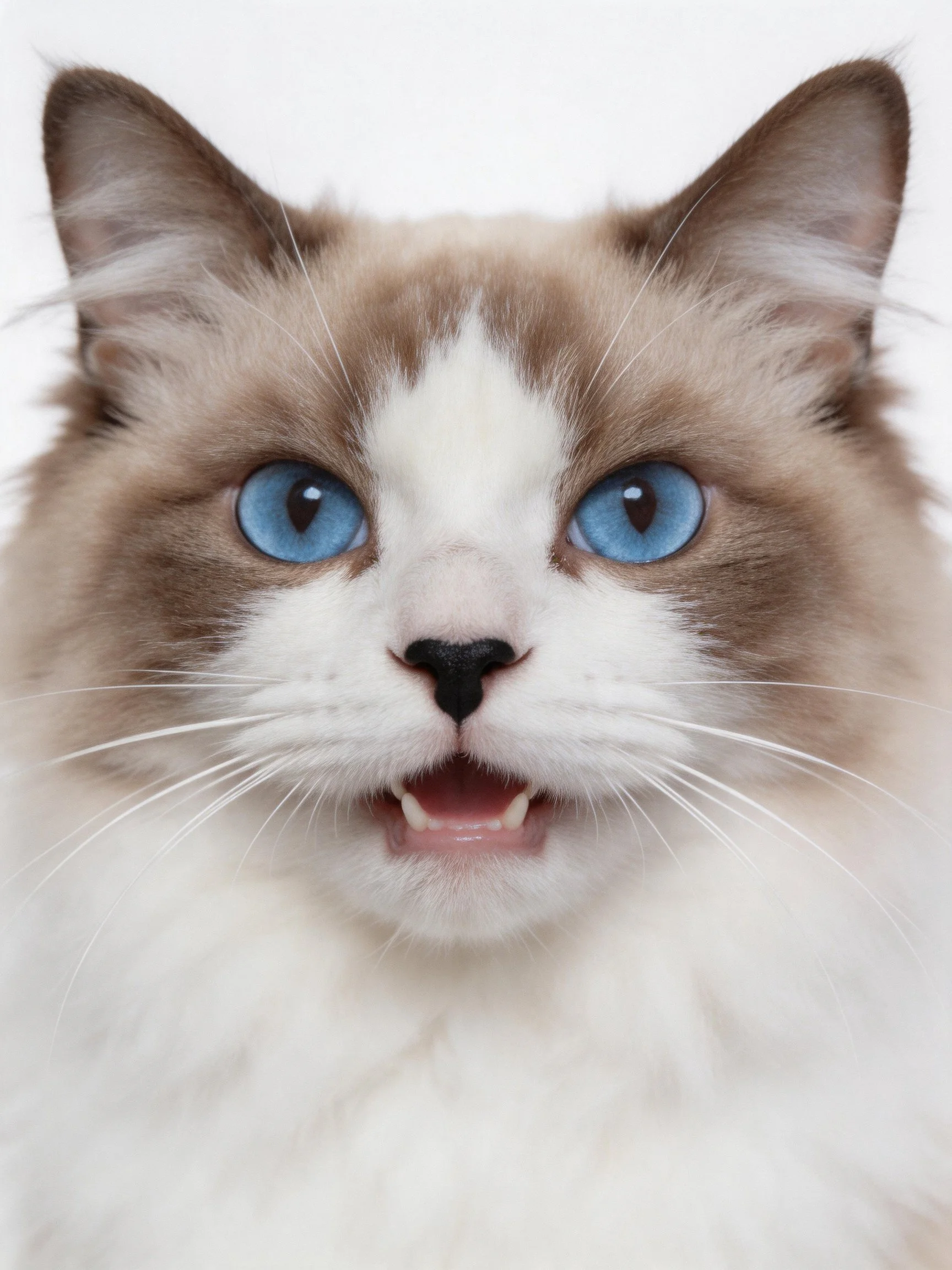 Close-up of a fluffy brown and white cat with striking blue eyes.