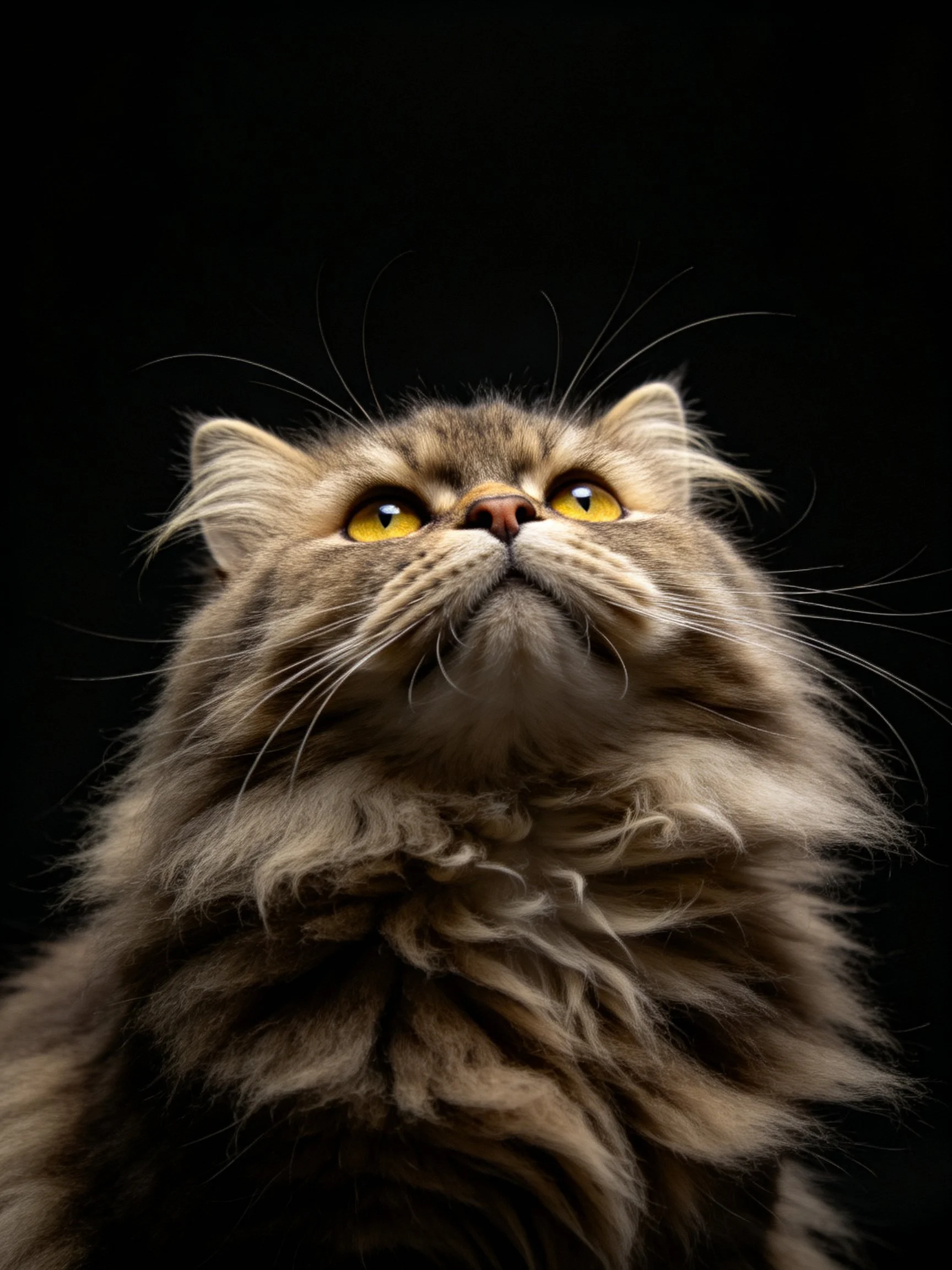 A fluffy brown cat gazes upward with bright yellow eyes against a dark backdrop.