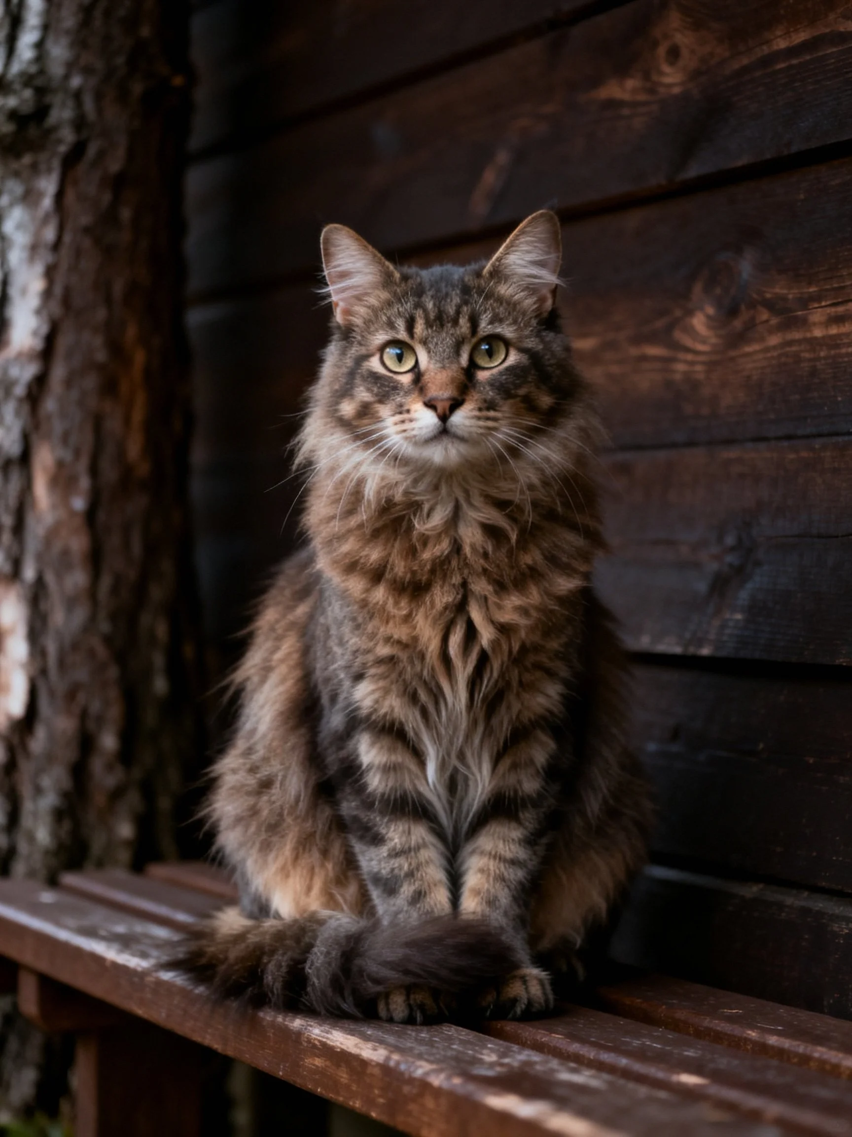 Fluffy brown tabby cat on weathered wooden bench
