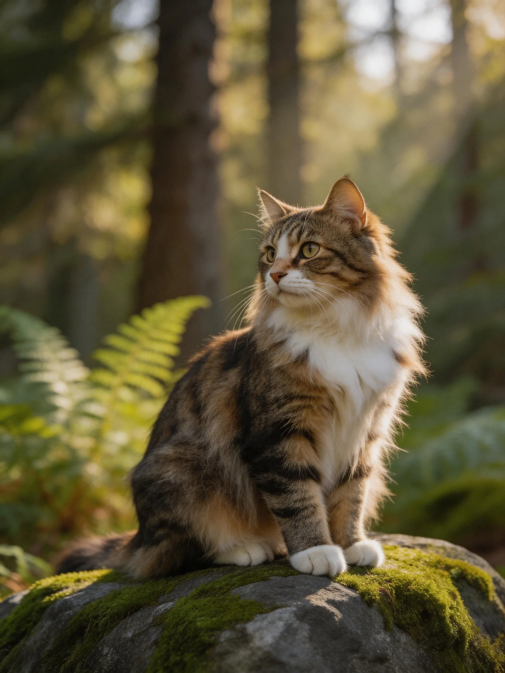 Fluffy calico cat perched on moss-covered rock in sunlit forest