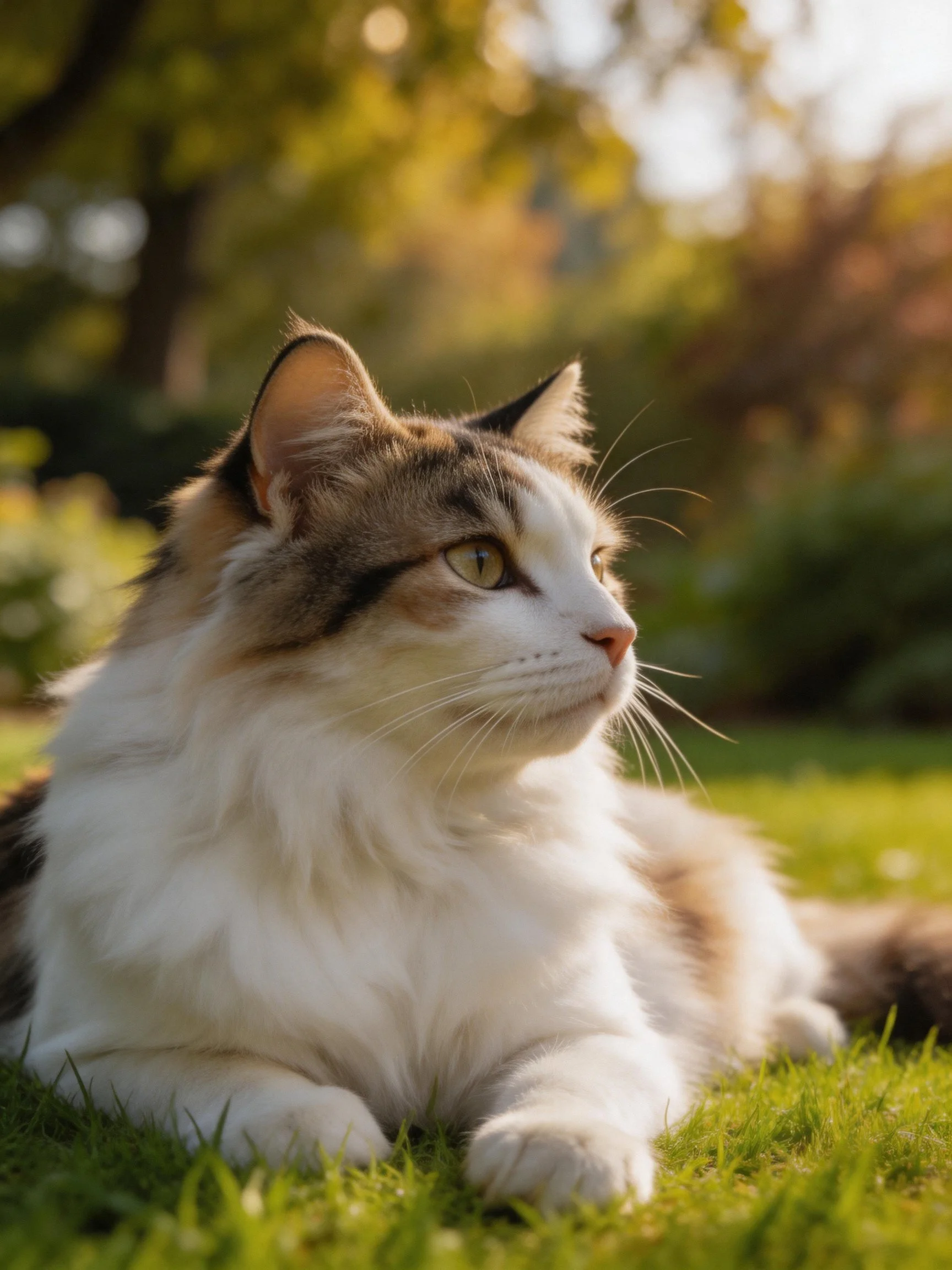 A fluffy calico cat rests on green grass in a sunlit outdoor area.