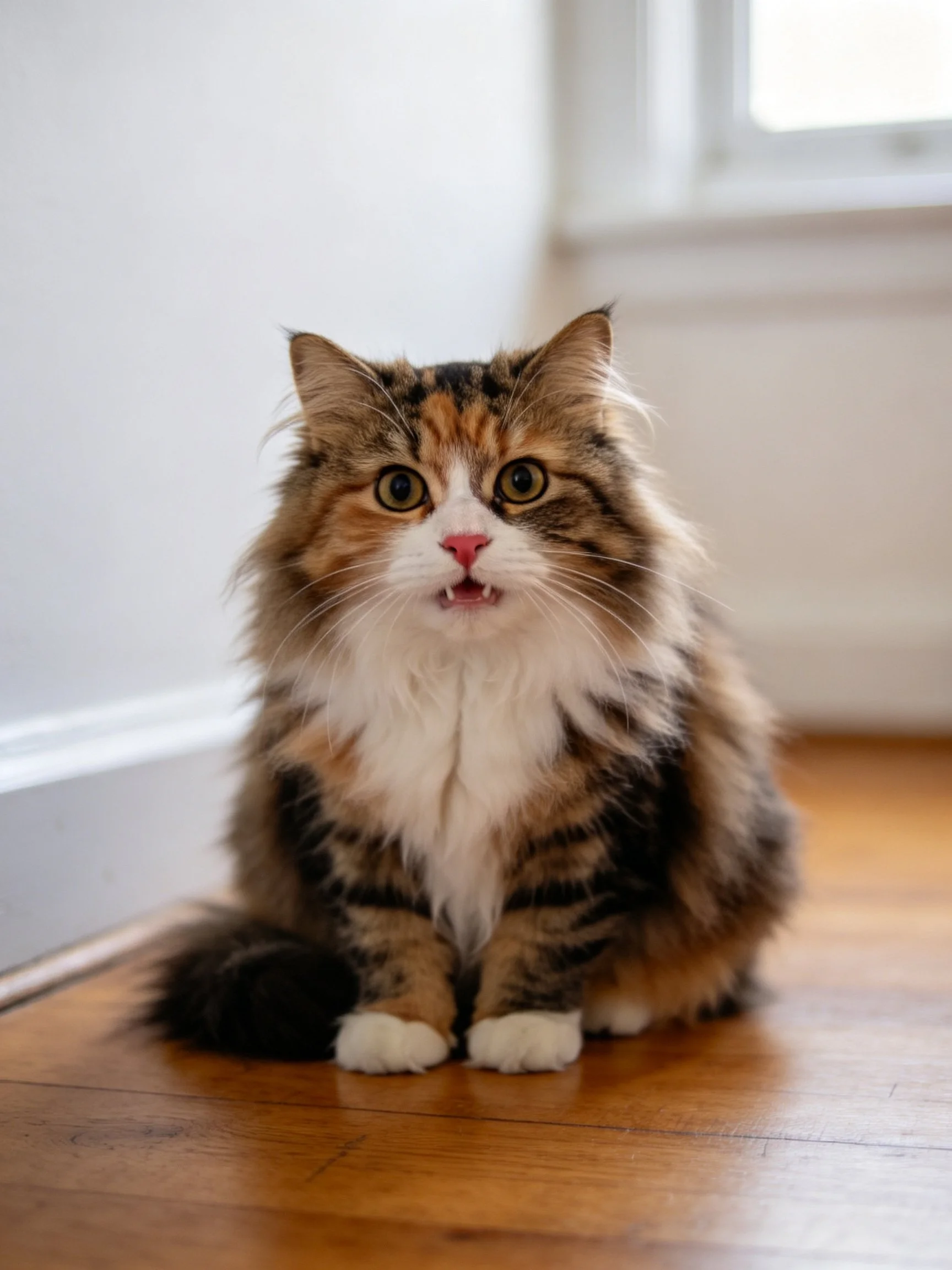 A fluffy calico cat sits calmly on a wooden floor indoors.