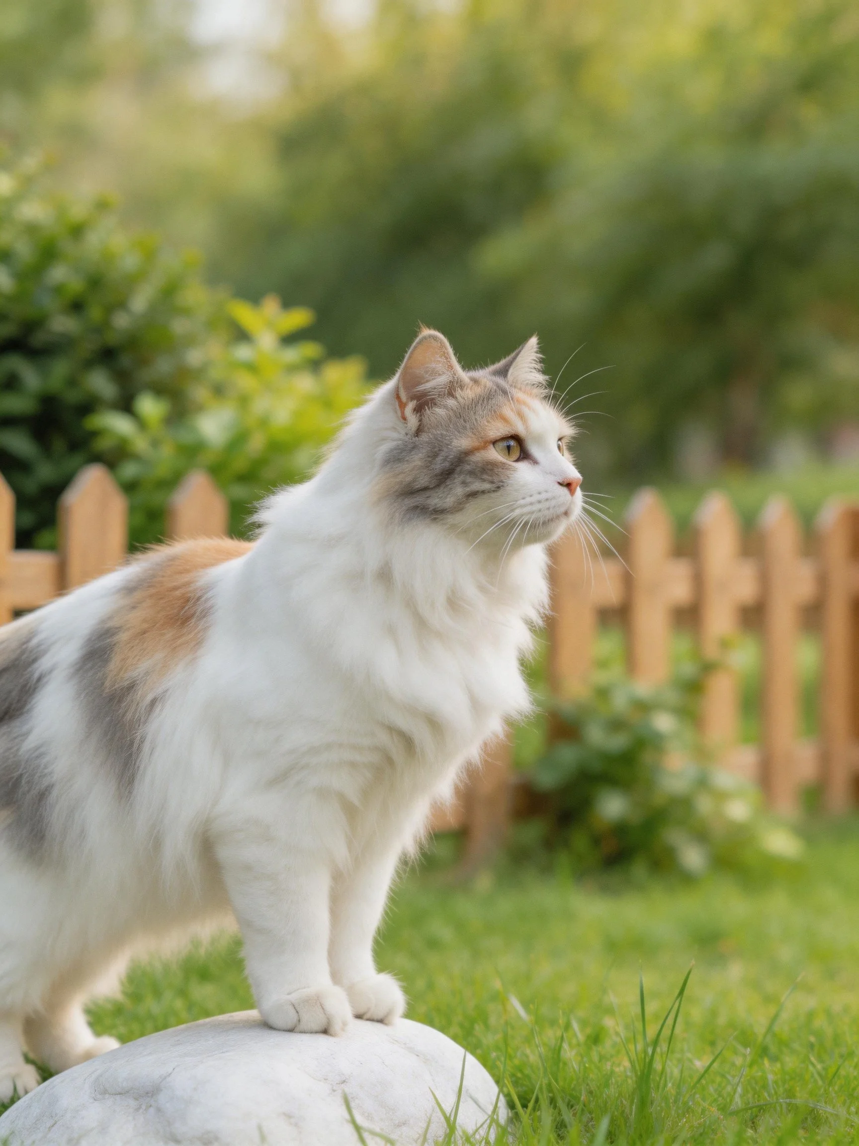 A fluffy calico cat stands on a stone in a sunlit garden.