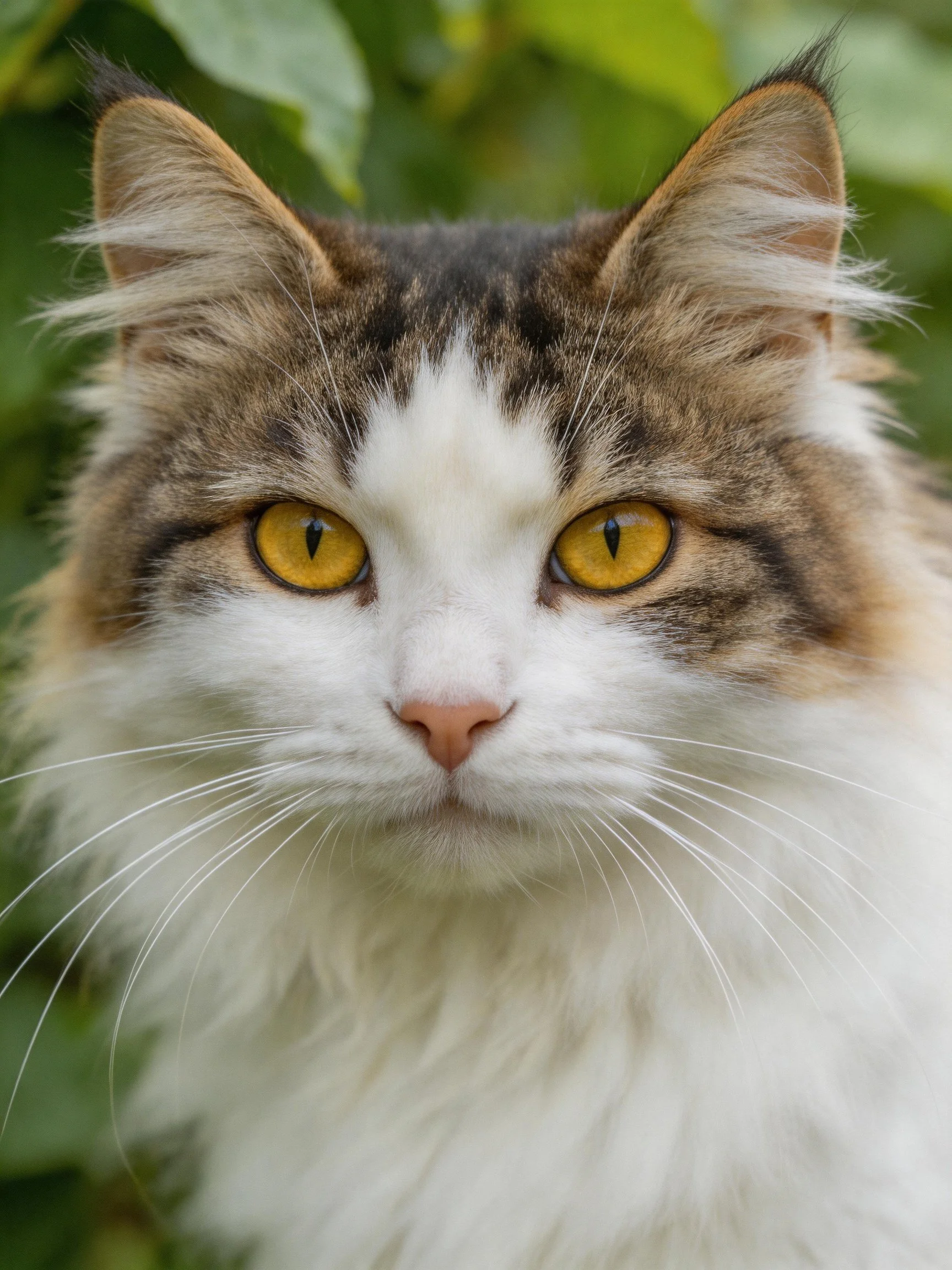 A fluffy calico cat with striking yellow eyes stands amid lush greenery.