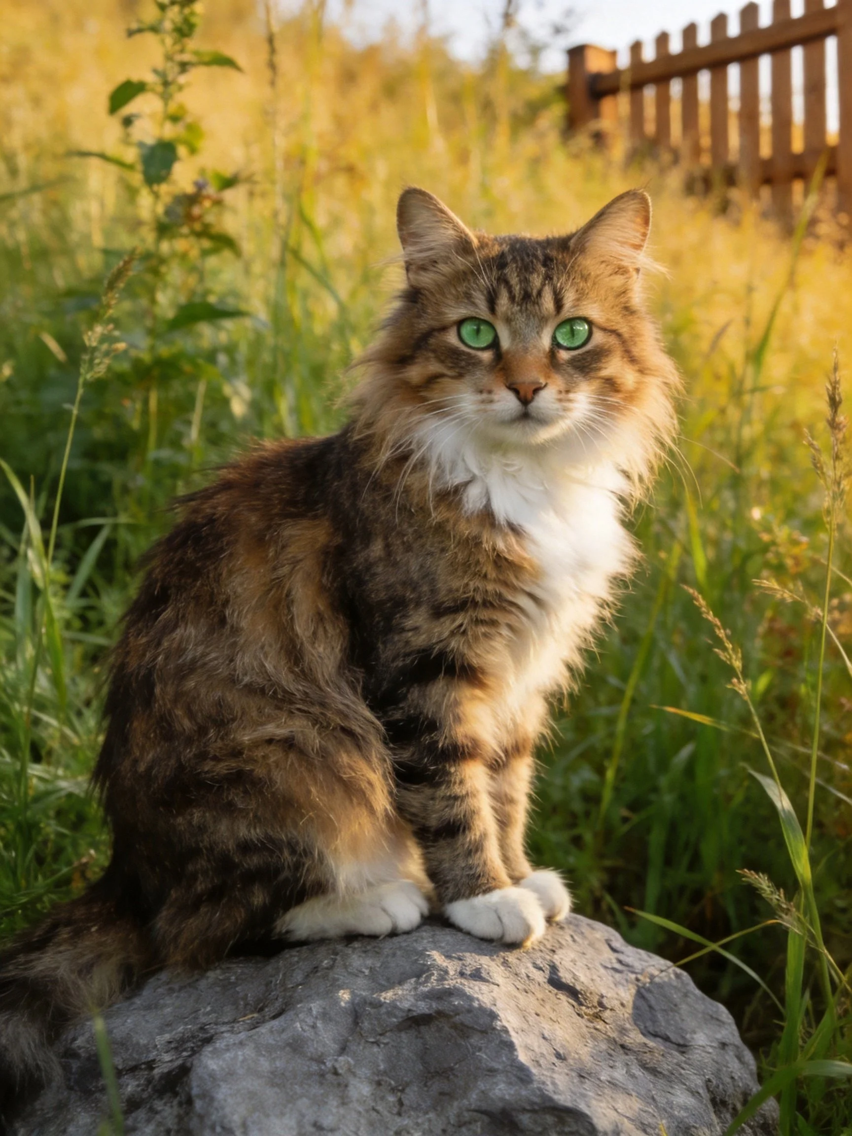 A fluffy calico cat with green eyes sits on a rock in a sunlit grassy area.
