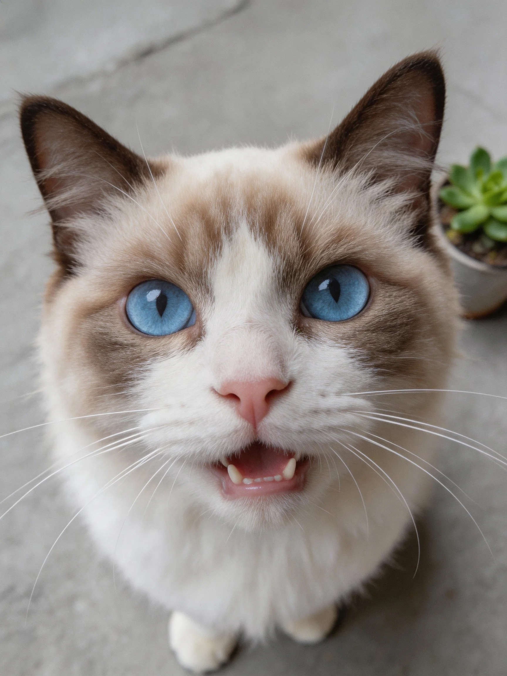 A fluffy cat with blue eyes sits close a small succulent pot.