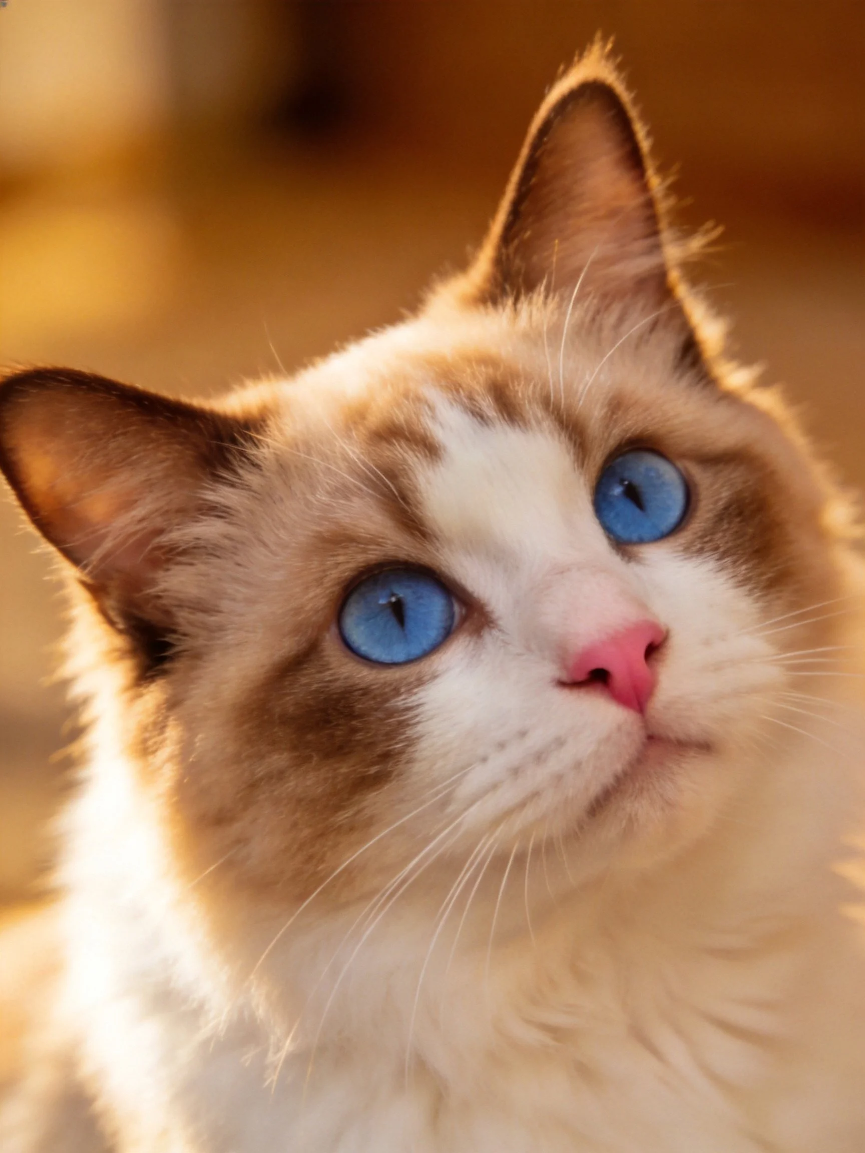 A fluffy cat with striking blue eyes and brown-and-white fur looks upward under warm lighting.