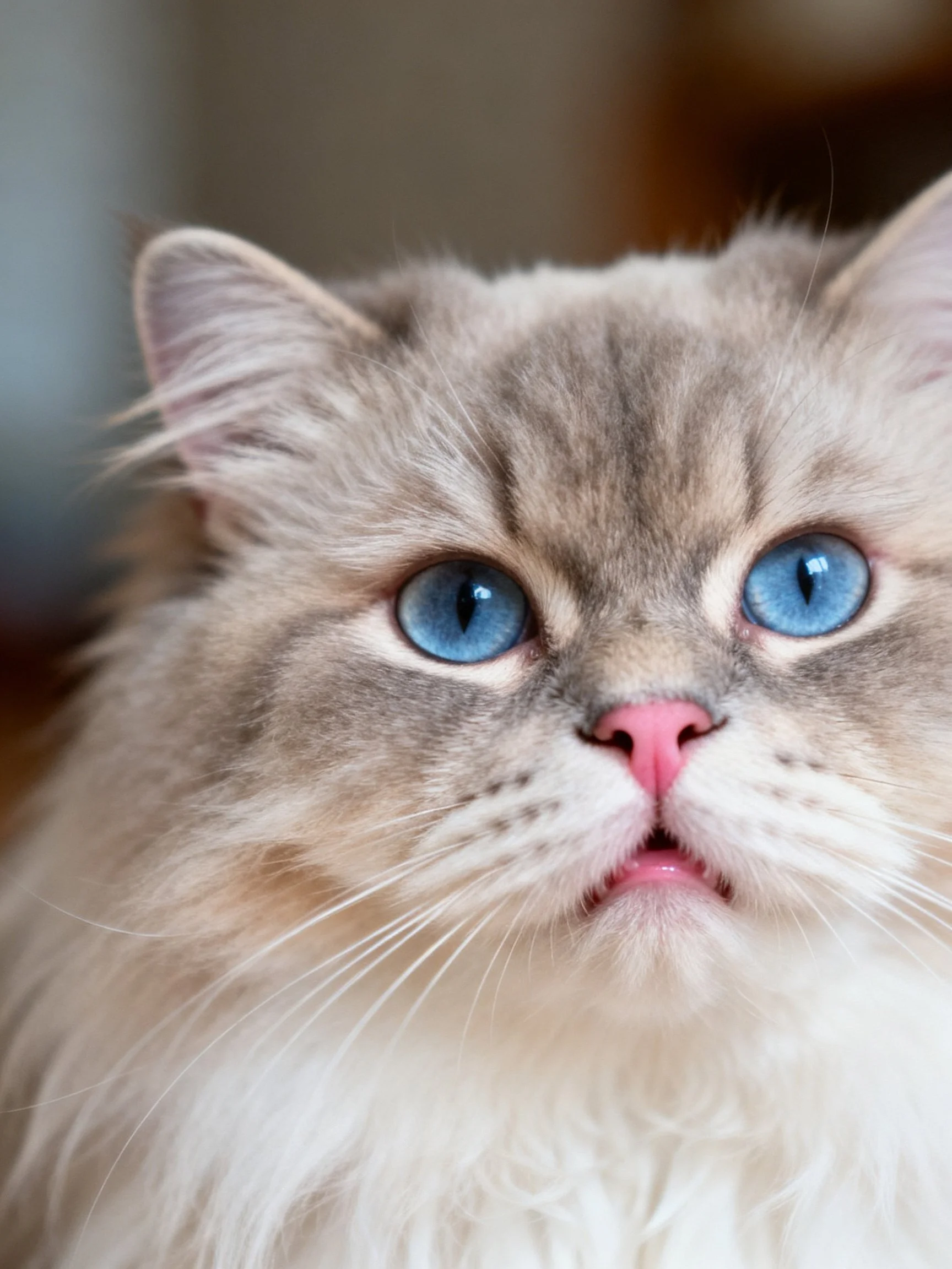 A fluffy cat with vivid blue eyes gazes calmly amid soft lighting.