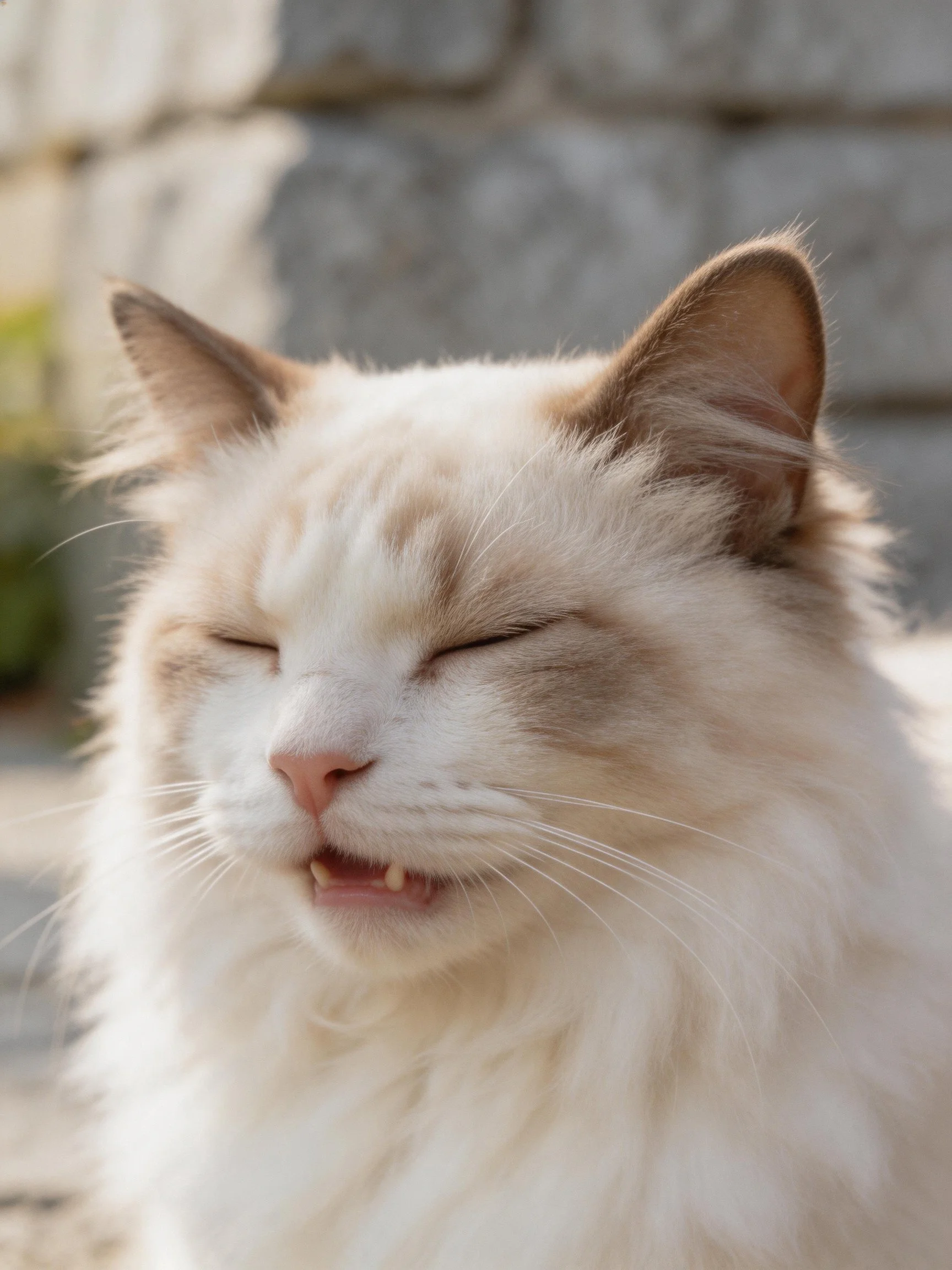 Fluffy cream and tan cat with closed eyes near stone wall