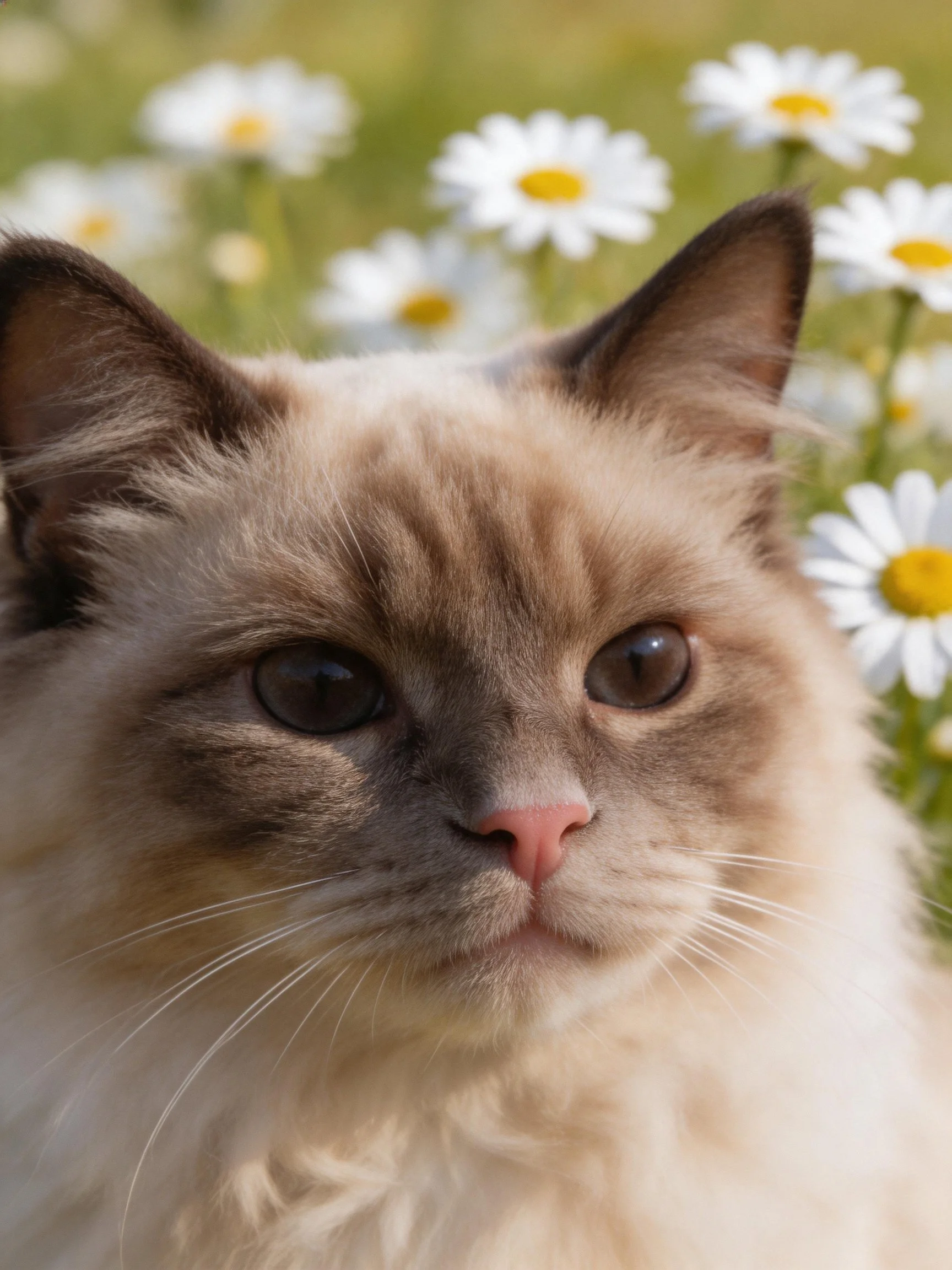 A fluffy cat is near white daisies in an outdoor setting.