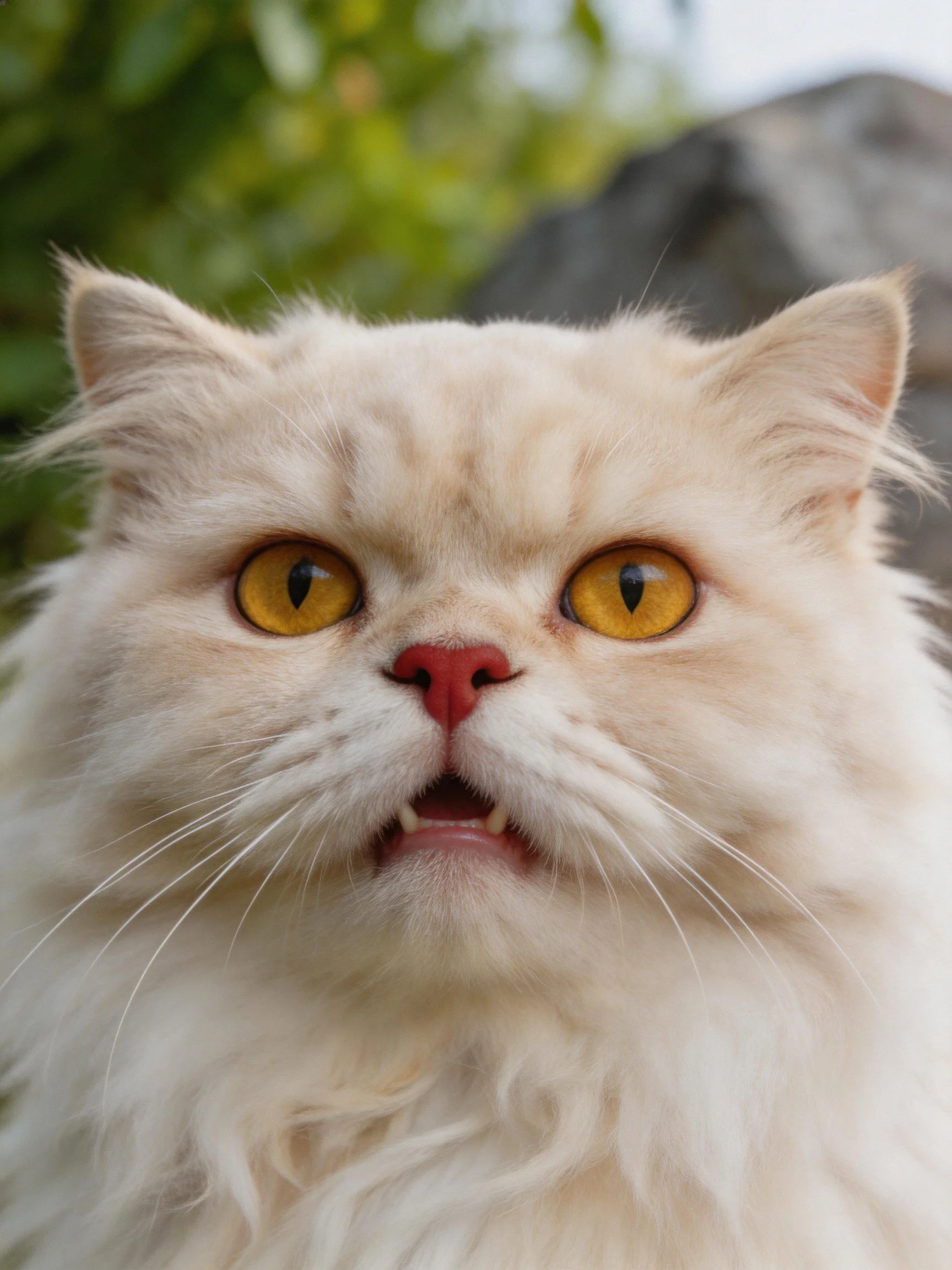 A fluffy cream cat with amber eyes reveals its teeth in front of a blurred outdoor scene.