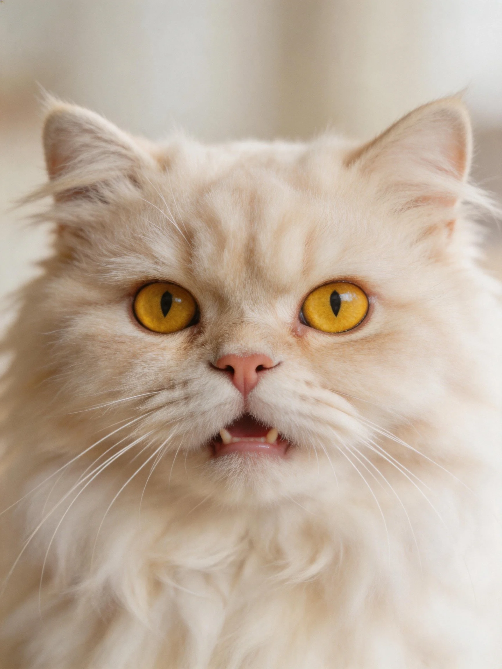Close - up of a fluffy cream cat displaying striking yellow eyes.