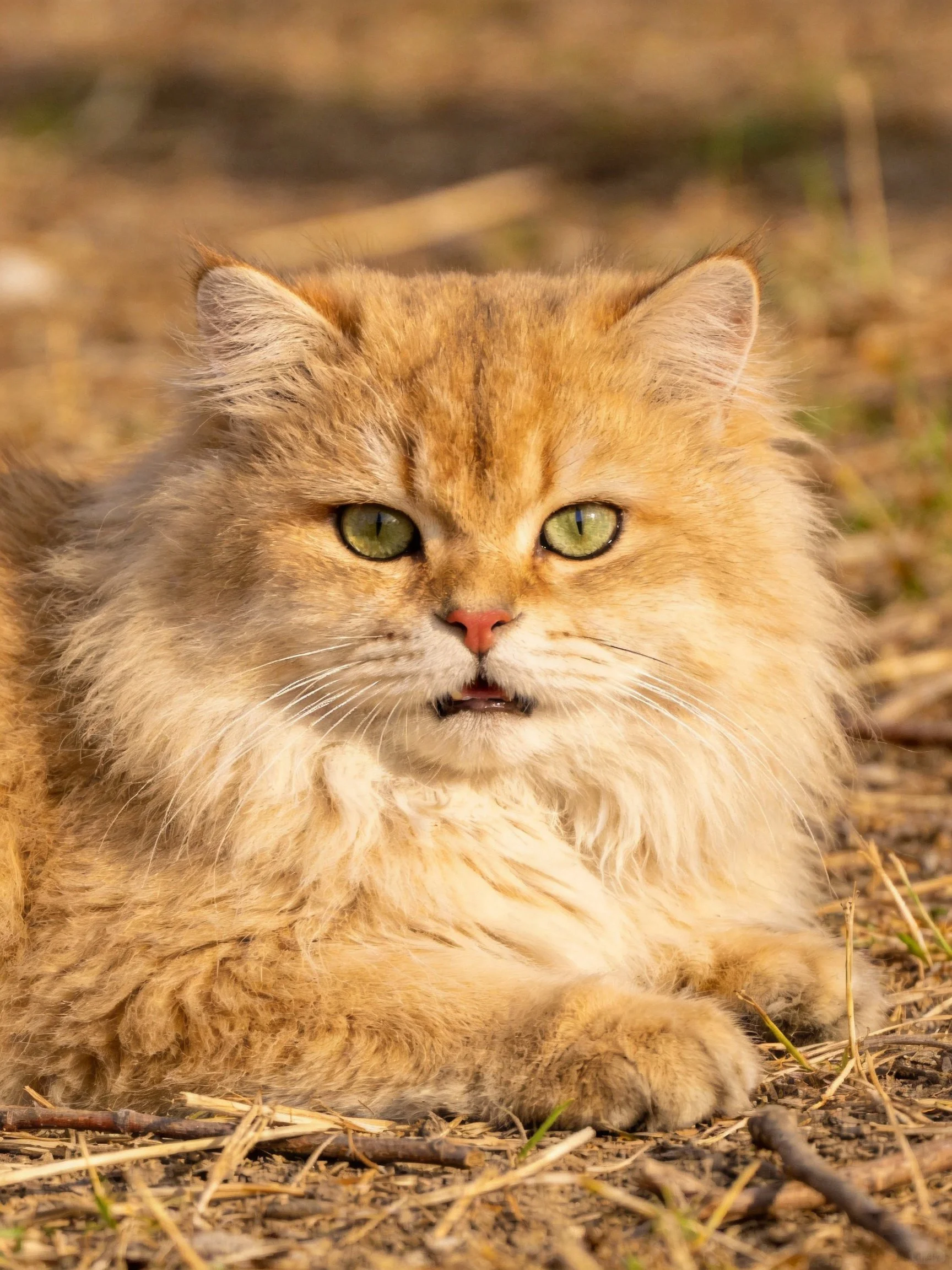 A fluffy golden cat rests on dry ground with green eyes.
