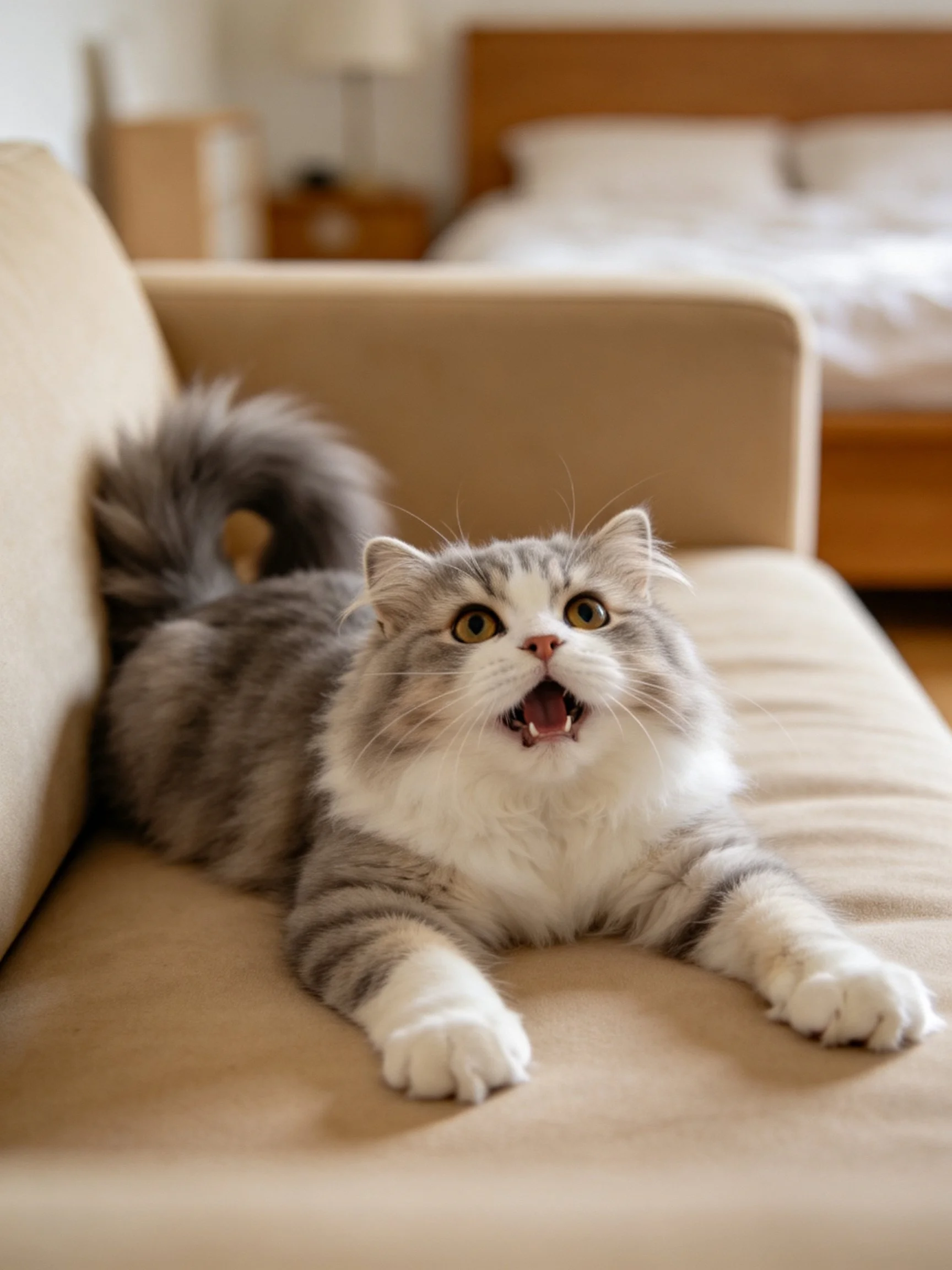 Fluffy gray and white cat lounges on beige couch with open mouth