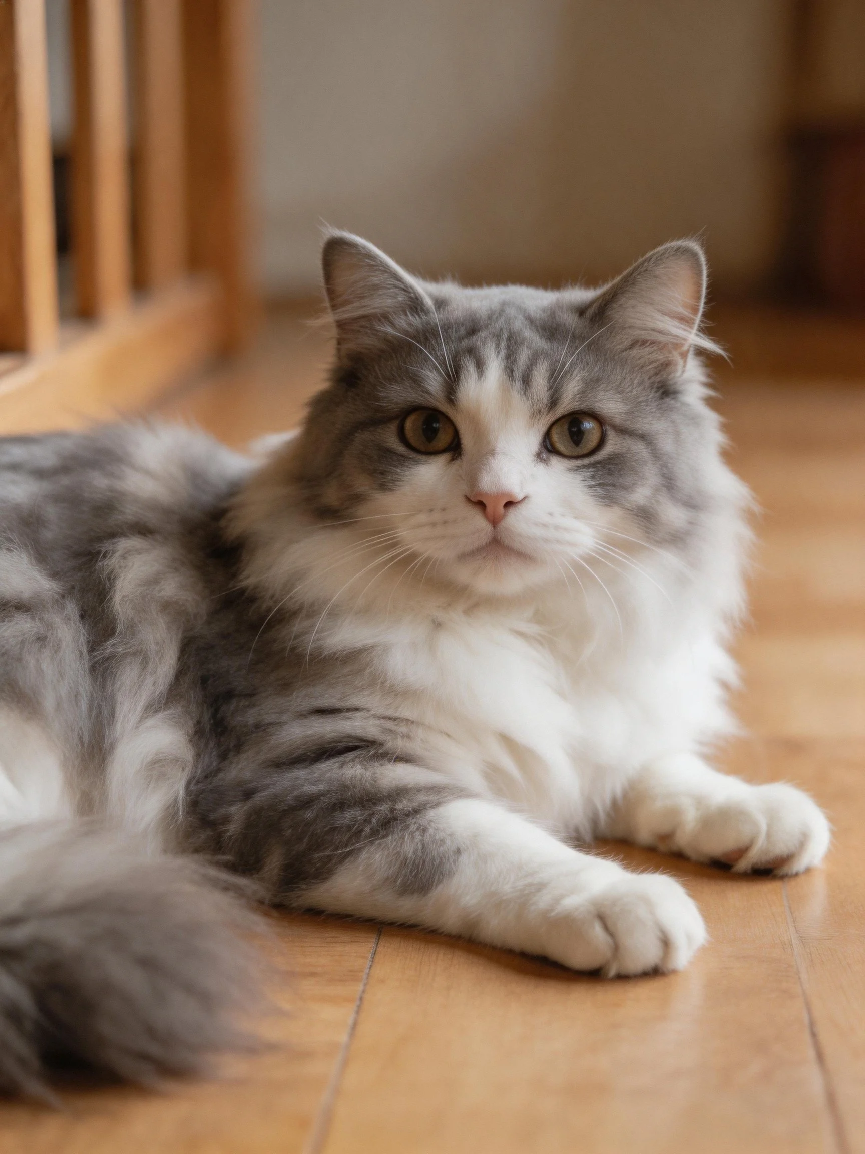 Fluffy gray and white cat lounging on wooden floor