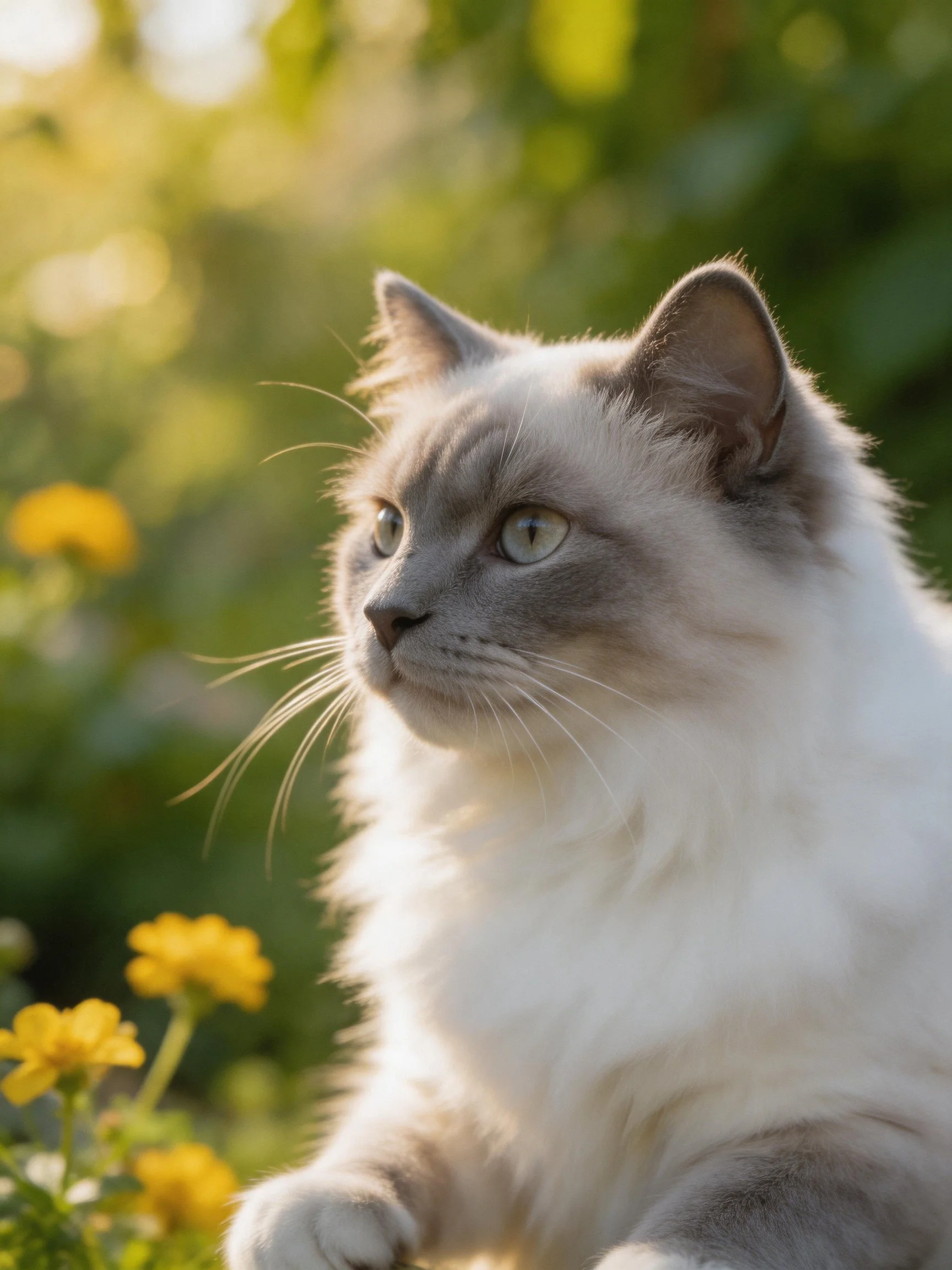 A fluffy gray-and-white cat sits near yellow flowers in a sunlit outdoor setting.