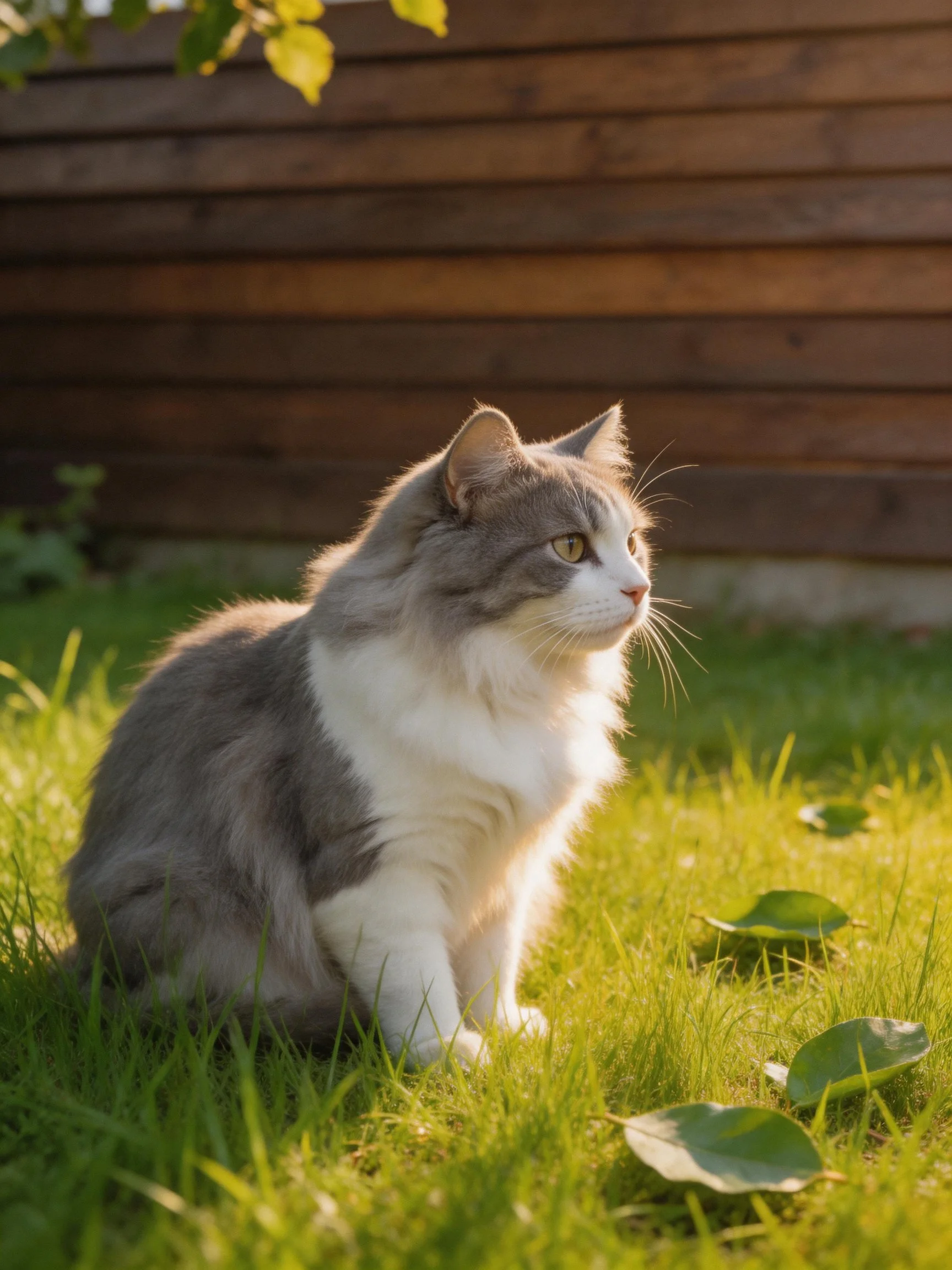 Fluffy gray-and-white cat on sunlit green grass near wooden fence