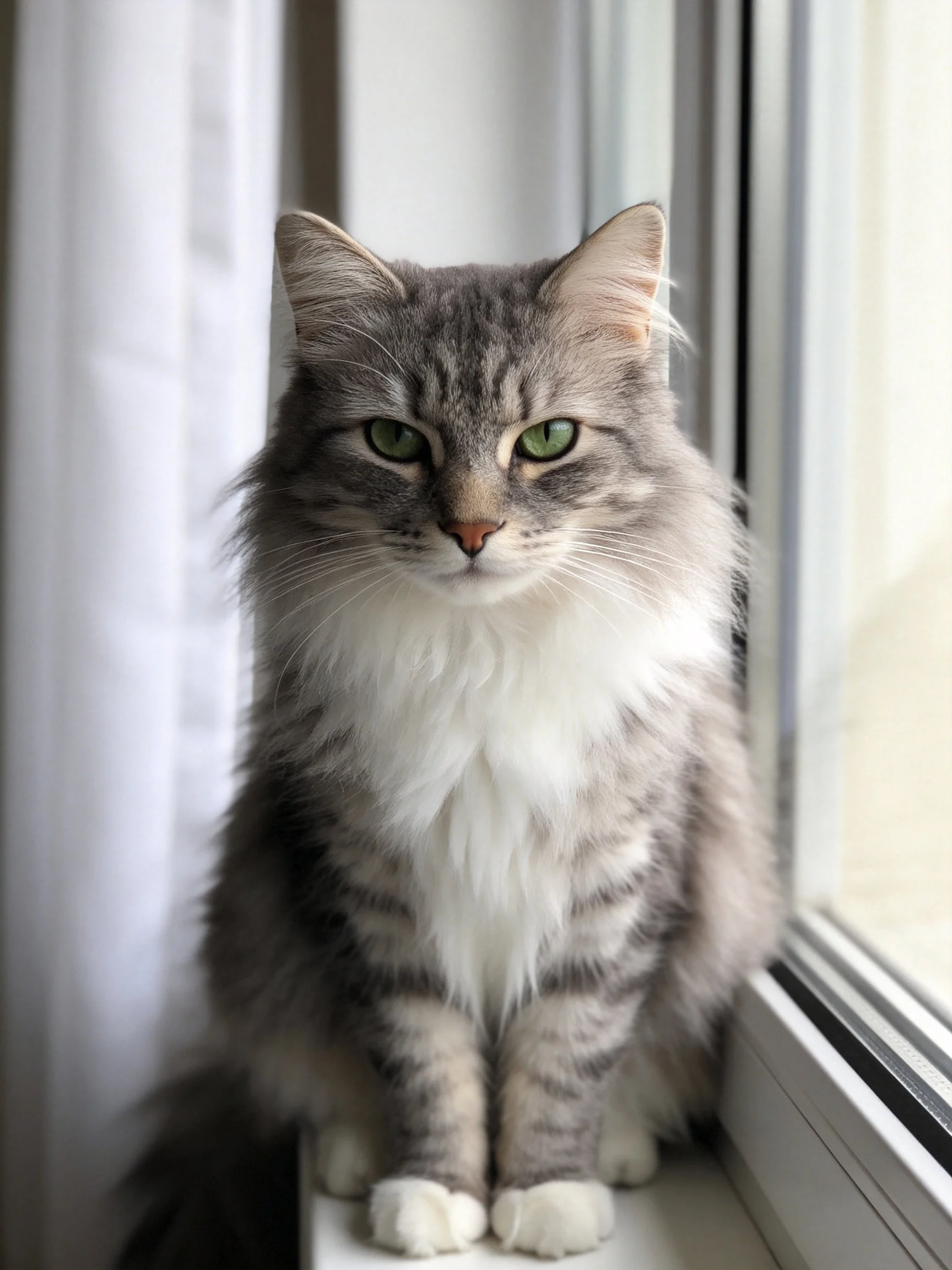 Gray and white cat sits calmly by a sunlit window ledge
