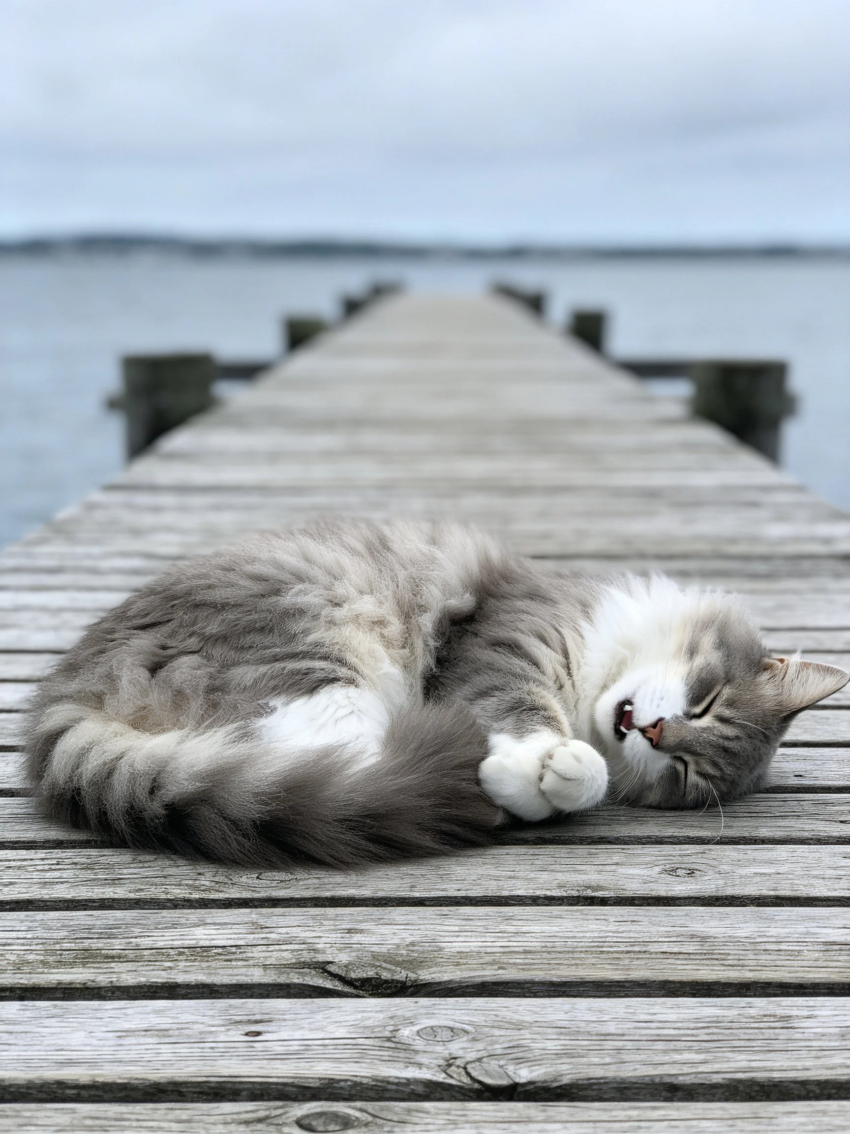 A gray-and-white cat sleeps peacefully on a wooden dock by the water.
