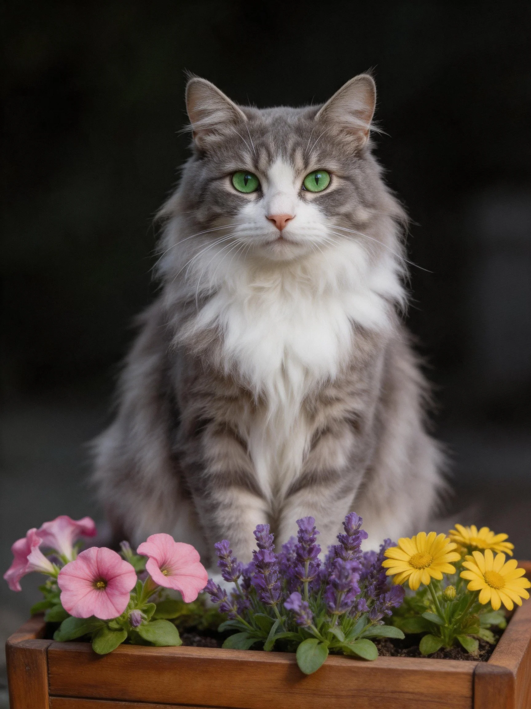 A fluffy gray-and-white cat rests among assorted flowers in a wooden container.