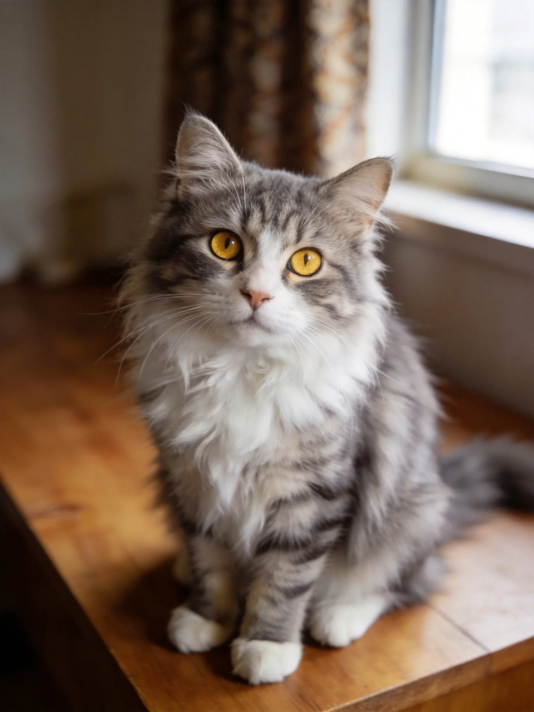 A fluffy gray and white cat sits near a sunlit window.